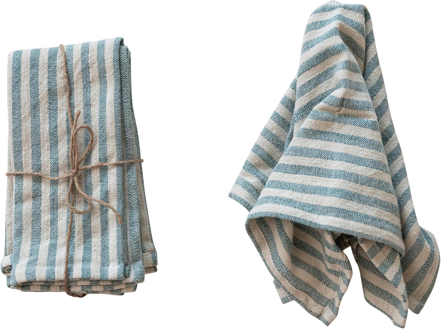 Blue and Natural Striped Cotton Napkins with Ruffle, Set of 4