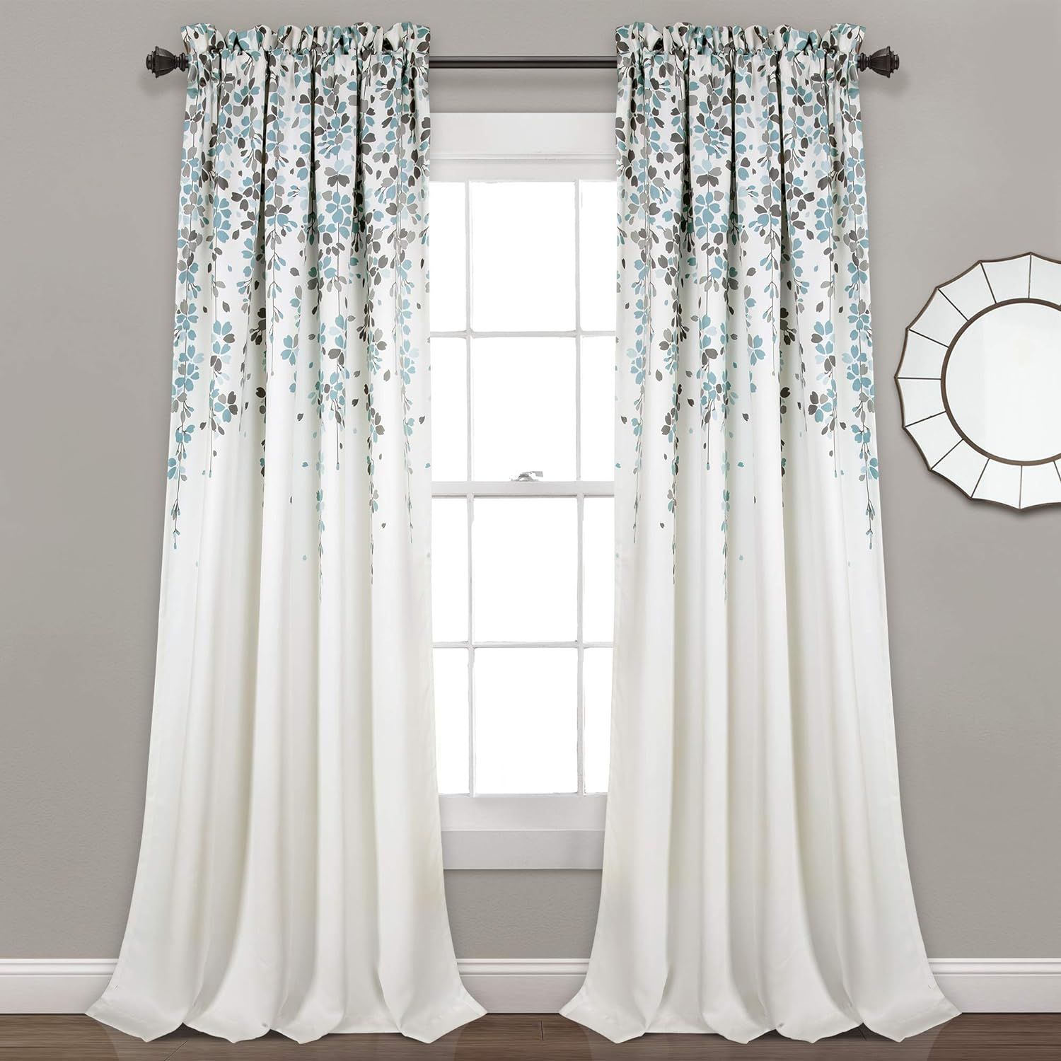 Blue Gray Floral Polyester Blackout Rod Pocket Window Panels