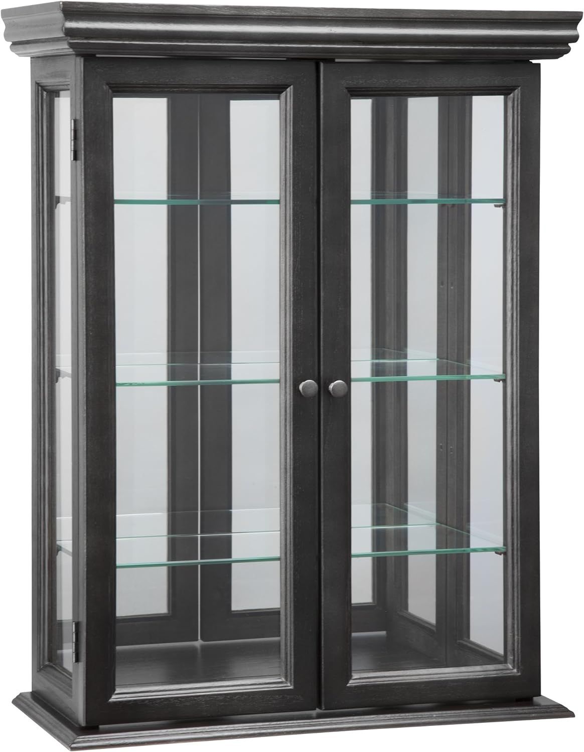 Ebony Black Hardwood Wall Curio Cabinet with Glass Shelves