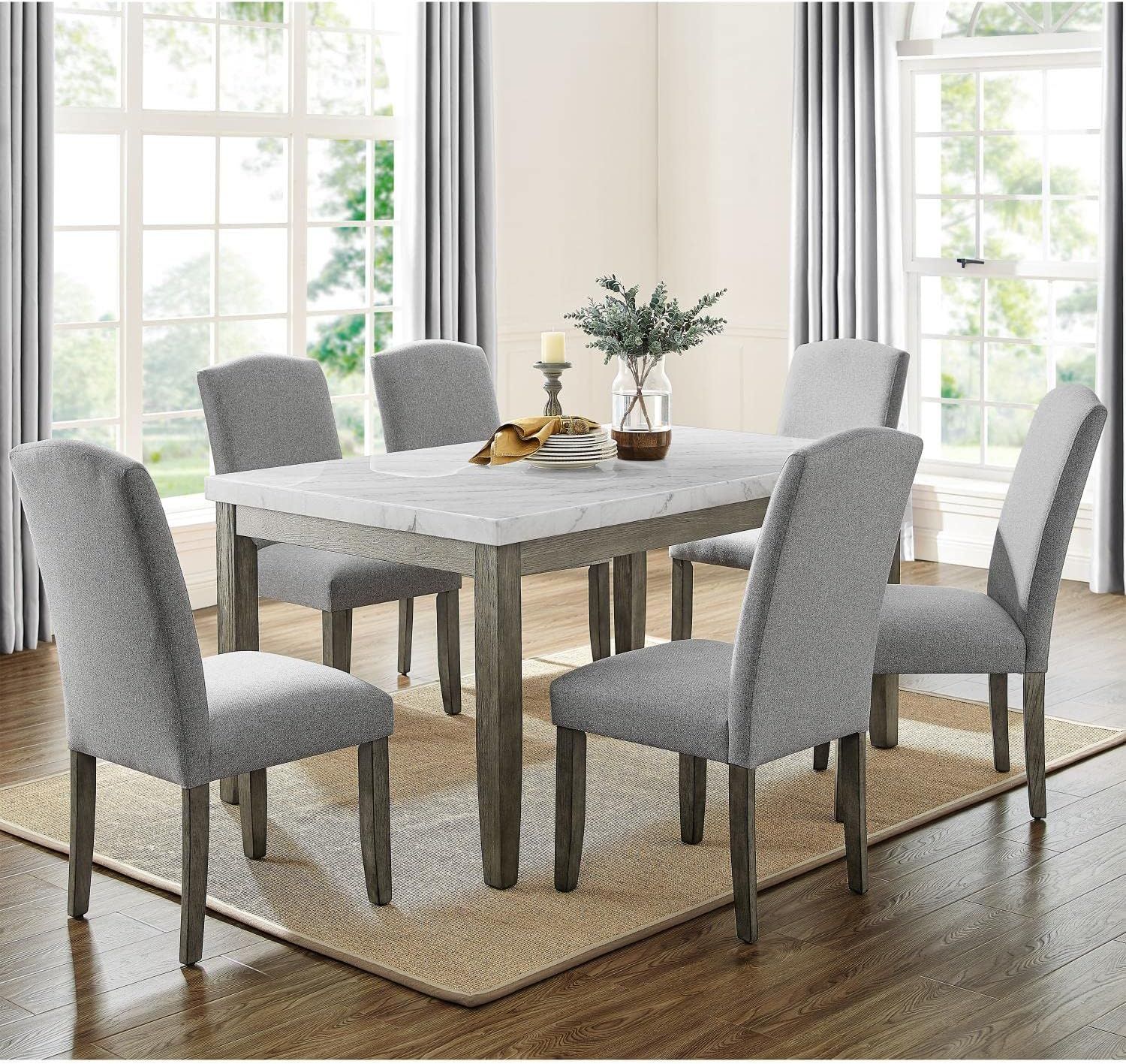 Emily 60-Inch Gray Marble Dining Table Set with 6 Upholstered Chairs