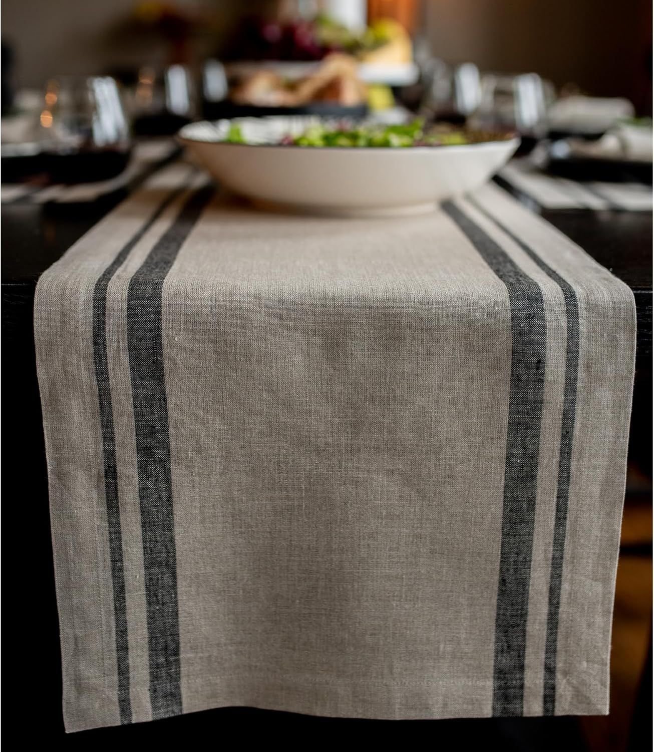 Black and Natural Linen French Stripe Table Runner 14 x 72 Inch