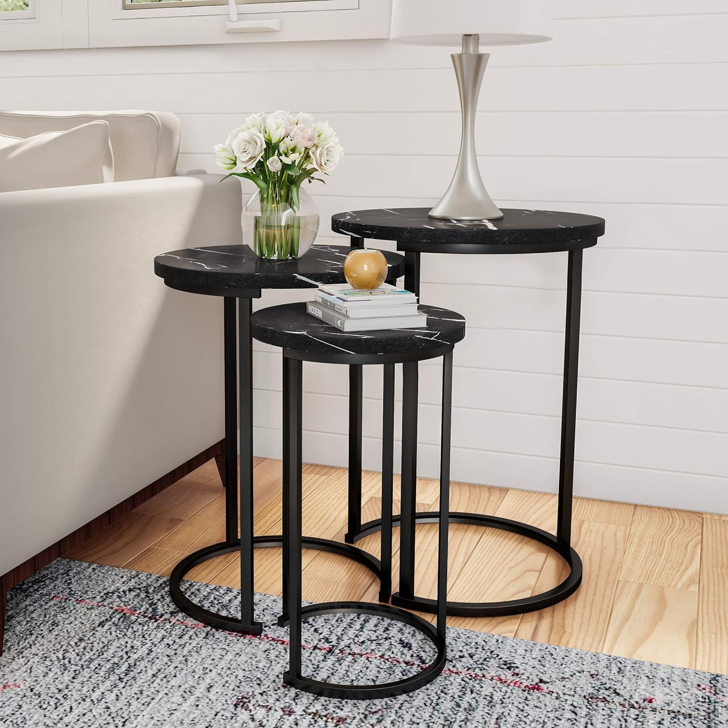 Black Faux Marble and Metal Round Nesting Tables Set of 3