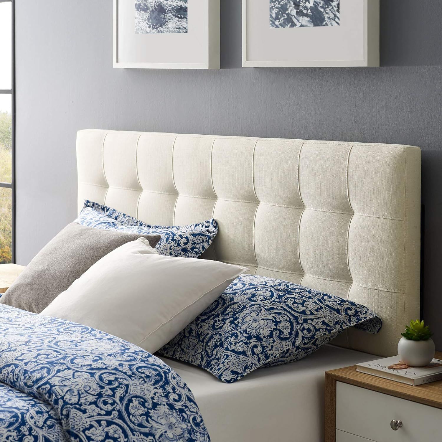 Ivory Full Tufted Upholstered Fabric Headboard