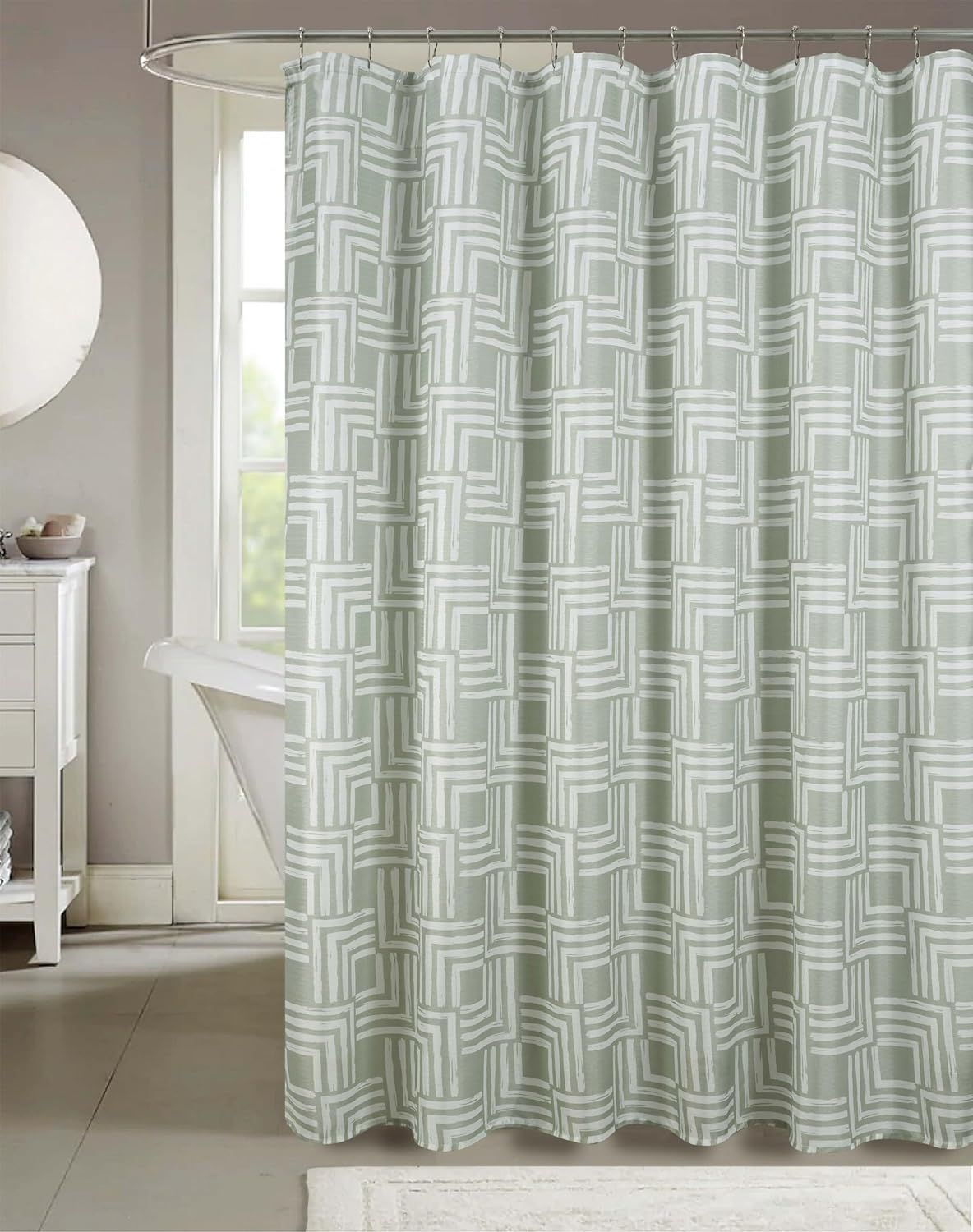 Sage Green and White Geometric Fabric Shower Curtain, 72 x 70 inches