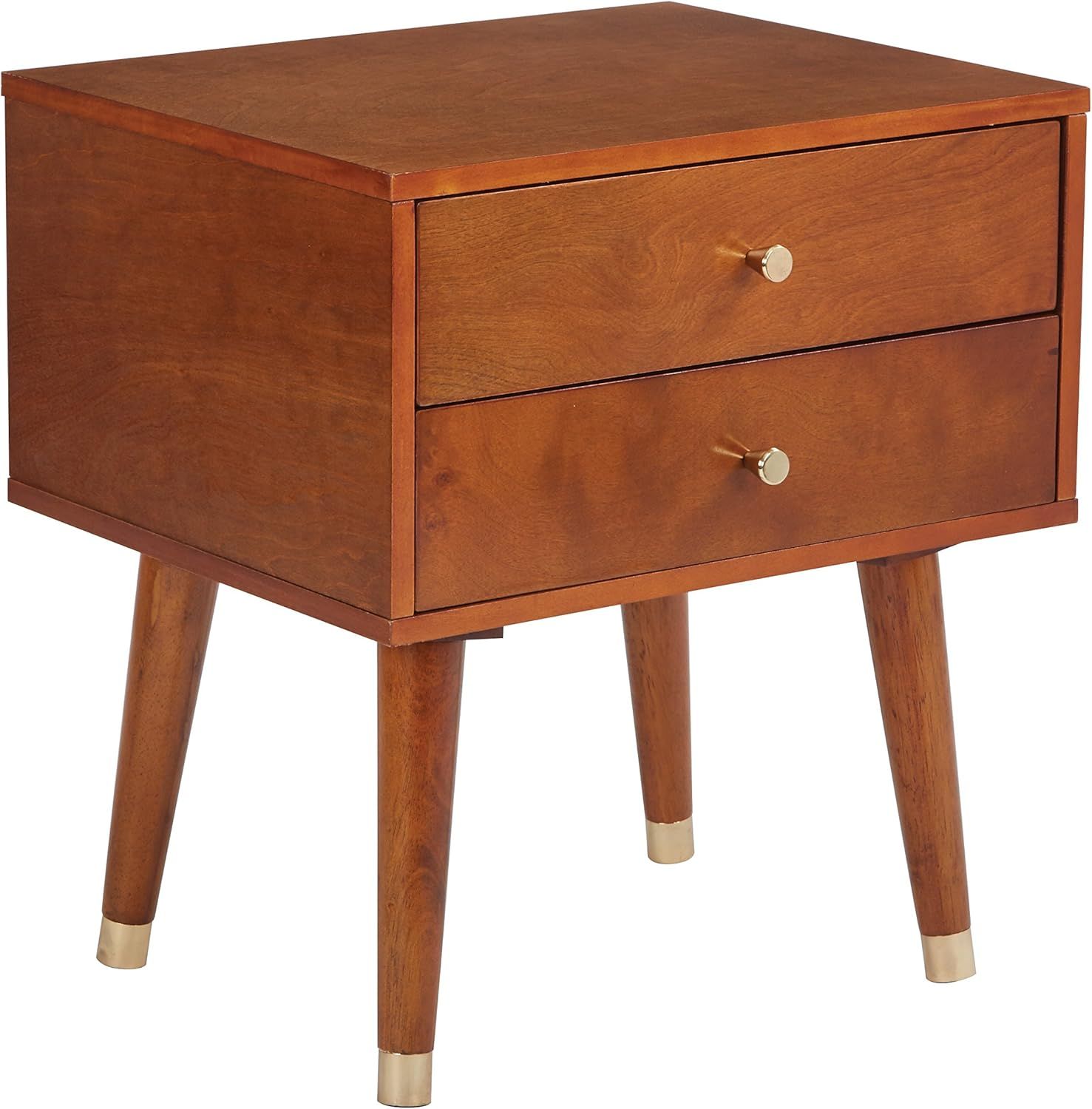 Cupertino Light Walnut Wood and Metal 2-Drawer Side Table