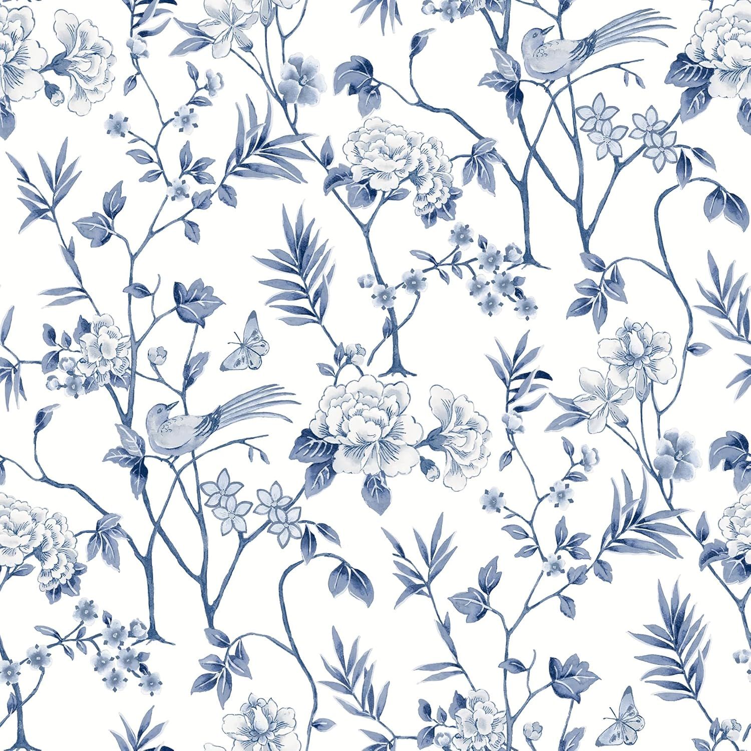 Indigo and White Chinoiserie Garden Peel and Stick Wallpaper