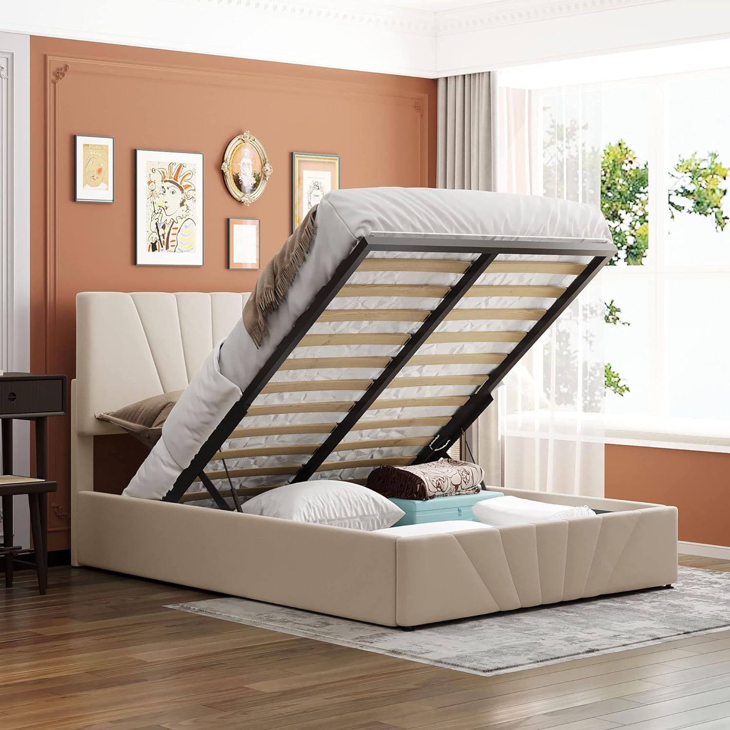 Beige Full Linen Upholstered Platform Bed with Storage