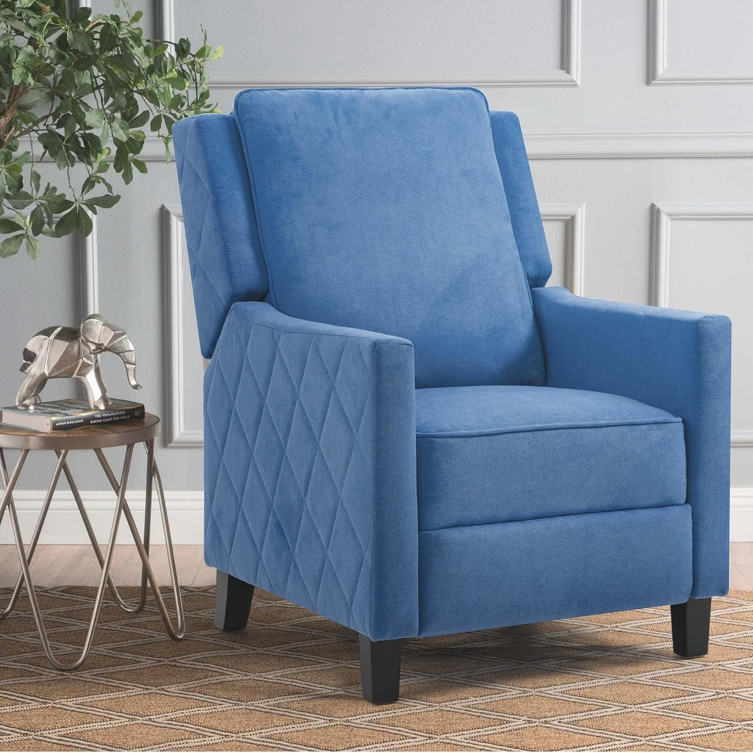Blue Polyester Push Back Recliner Chair with Diamond Pattern