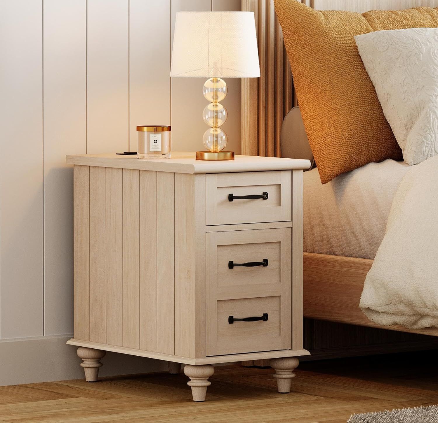 Beige MDF End Table with Drawer and Charging Station