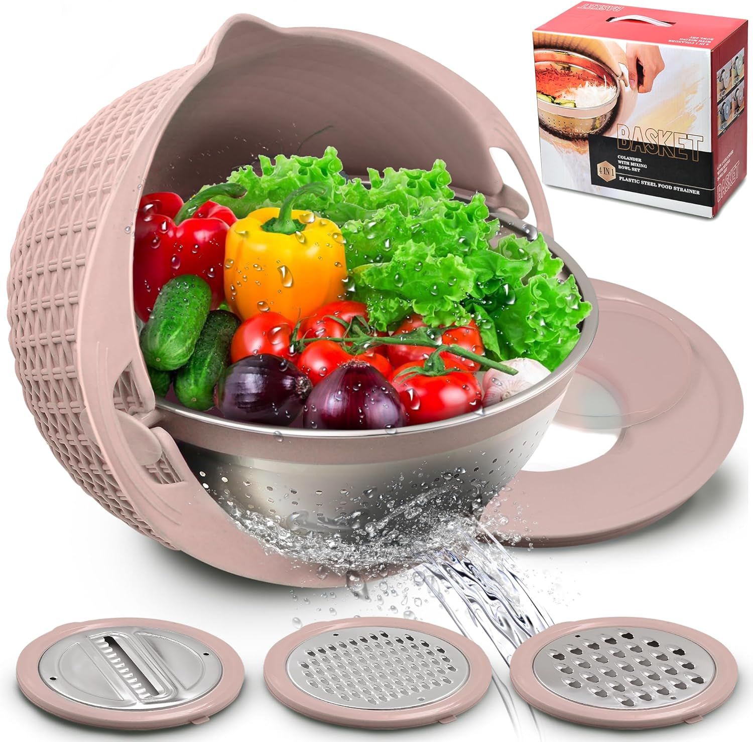 Pink 4-in-1 Stainless Steel Colander with Plastic Mixing Bowl Set