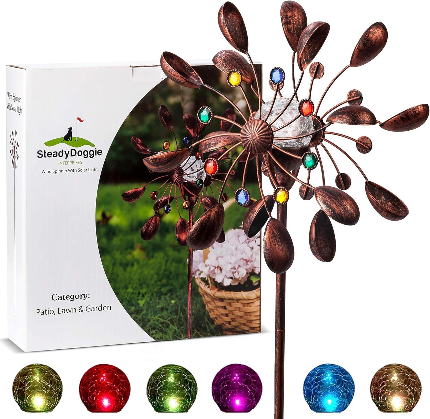 75-Inch Bronze Metal Solar-Powered LED Wind Spinner