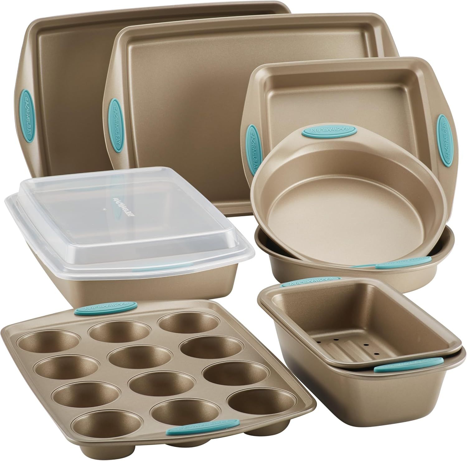 Latte Brown Nonstick 10-Piece Bakeware Set with Blue Grips