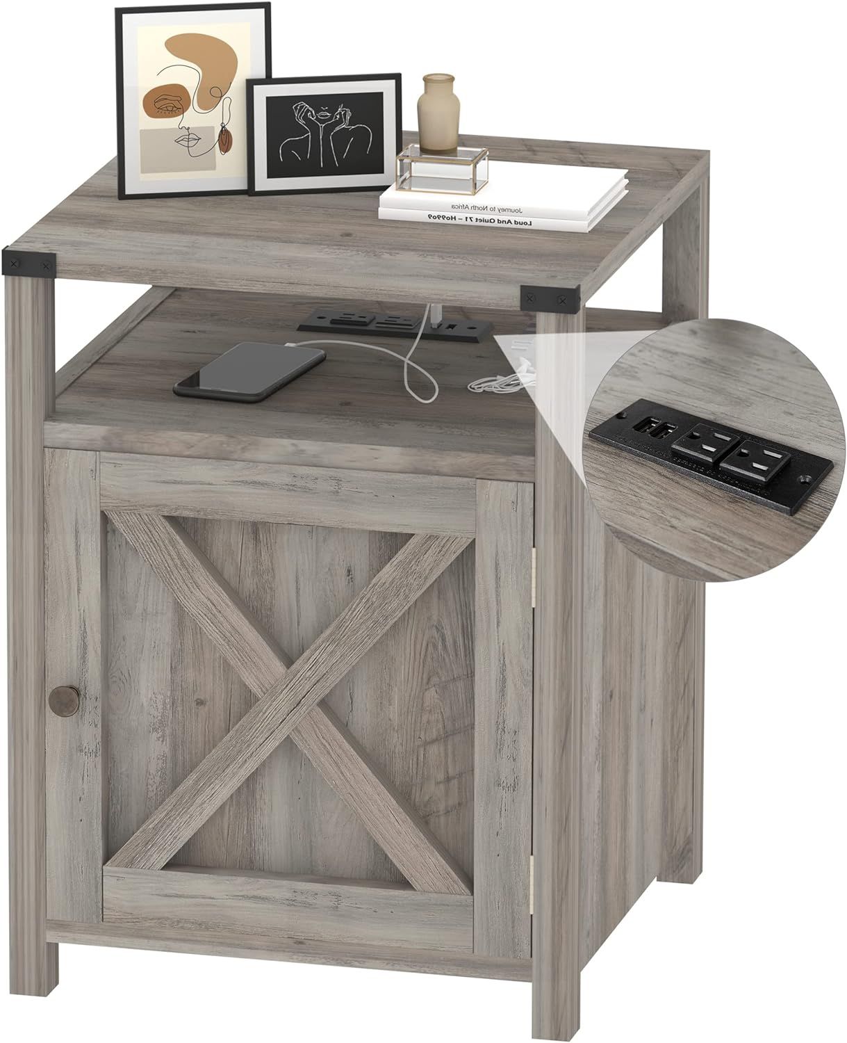 Gray Farmhouse Nightstand with Charging Station and Storage