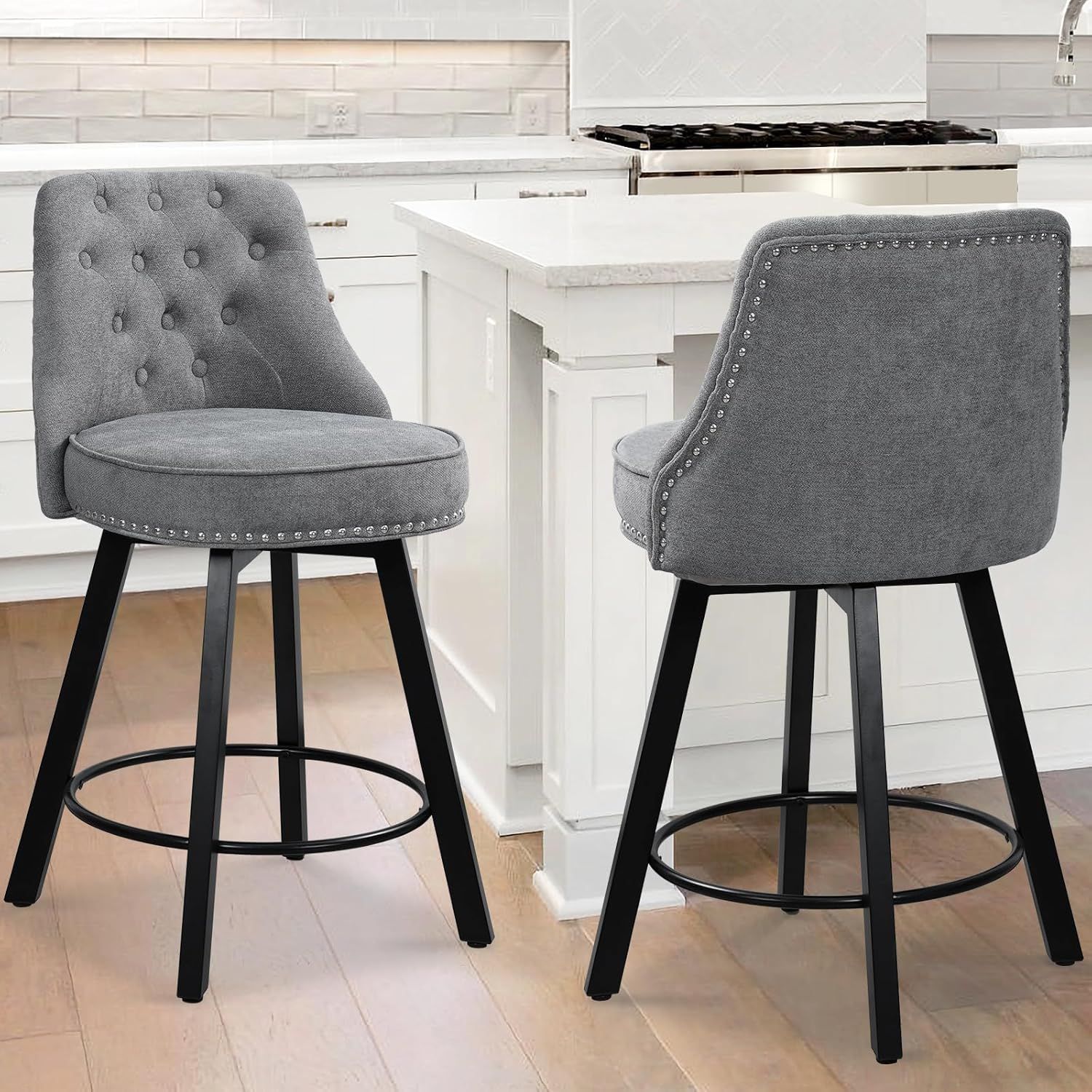 26'' Gray Linen Upholstered Swivel Bar Stools with Wood Legs