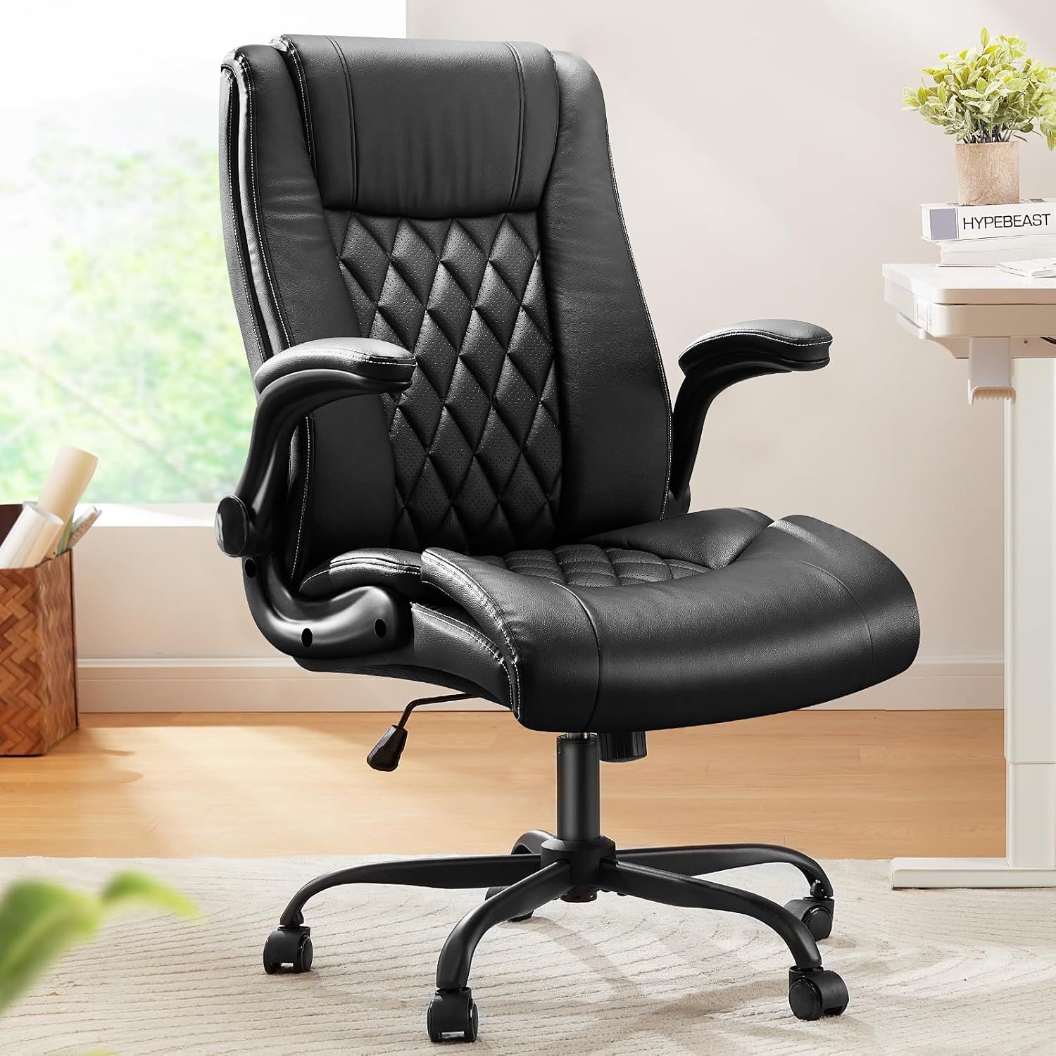 Black Ergonomic Leather Executive Swivel Office Chair with Adjustable Arms