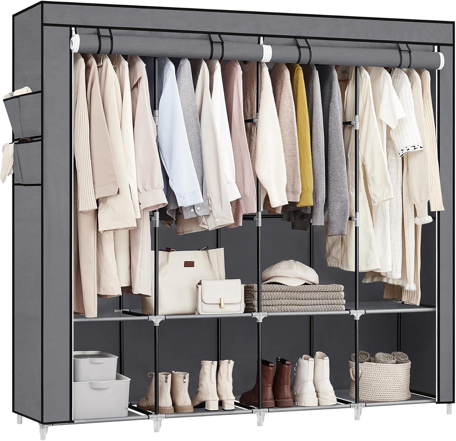 Gray Portable Closet System with Shelves and Hanging Rods