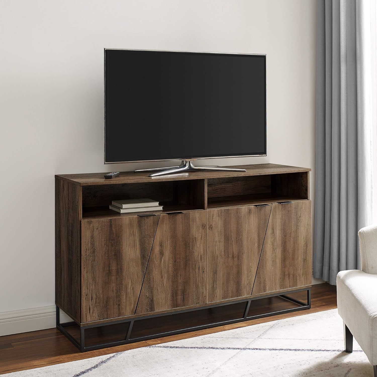 Rustic Oak 58" Angled Door Sideboard with Open Shelf Storage