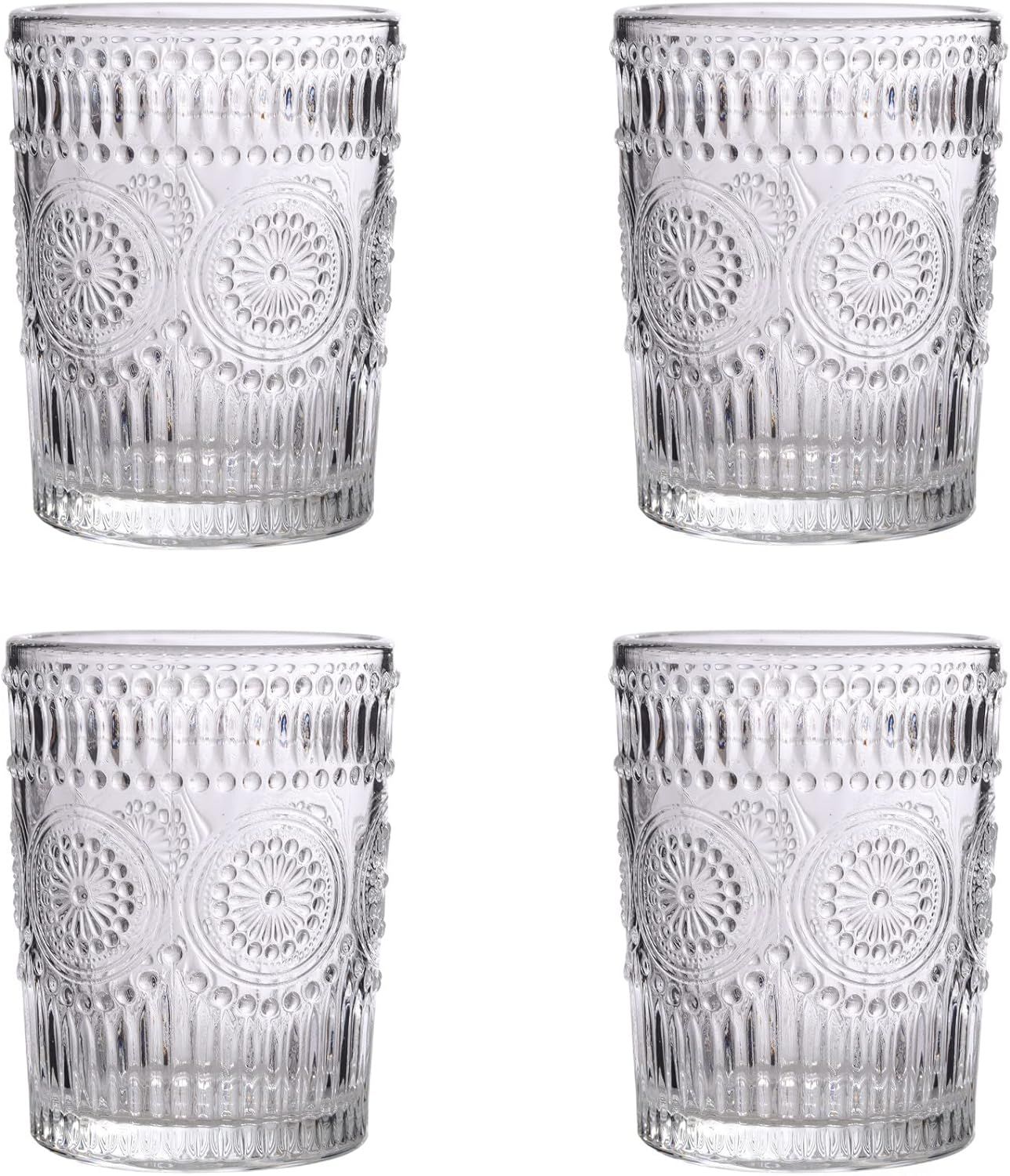 Vintage Clear Glass Flower Pattern 10 oz Tumblers Set of 4