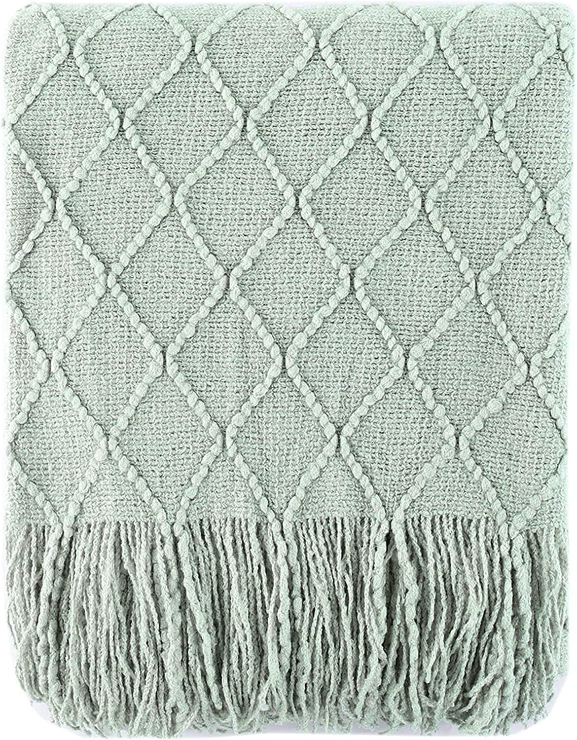 Light Blue Diamond Knit Acrylic Throw Blanket with Fringe, 50"x60"