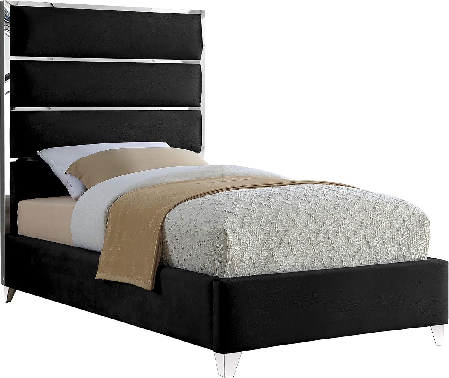 Black Velvet Twin Bed with Chrome Accents and Upholstered Headboard