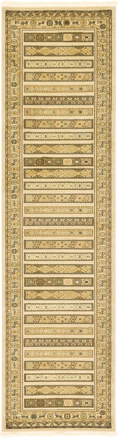 Ivory and Beige Striped Synthetic Runner Rug with Fringe