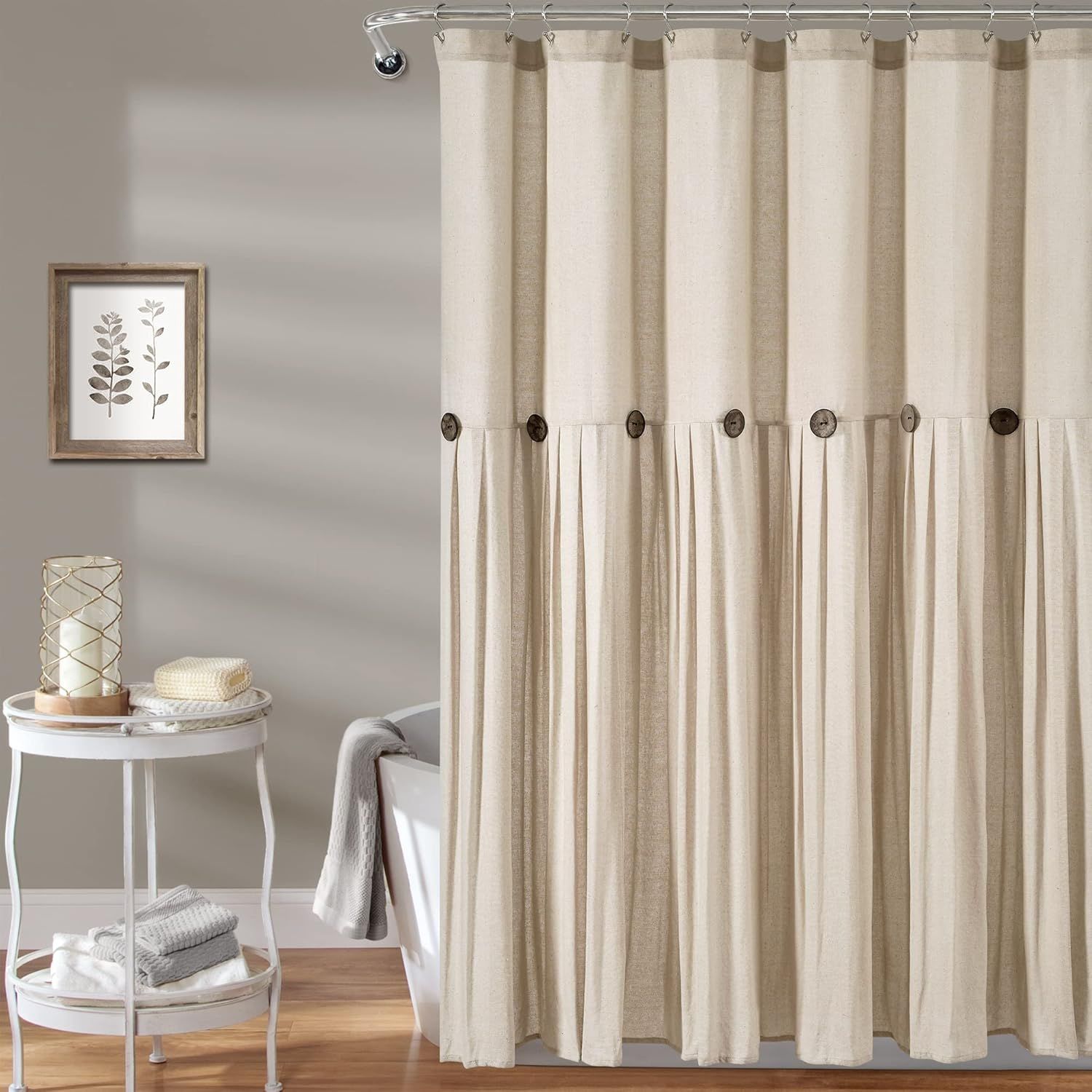 Dark Linen Cotton Shower Curtain with Button Details, 72" x 72"