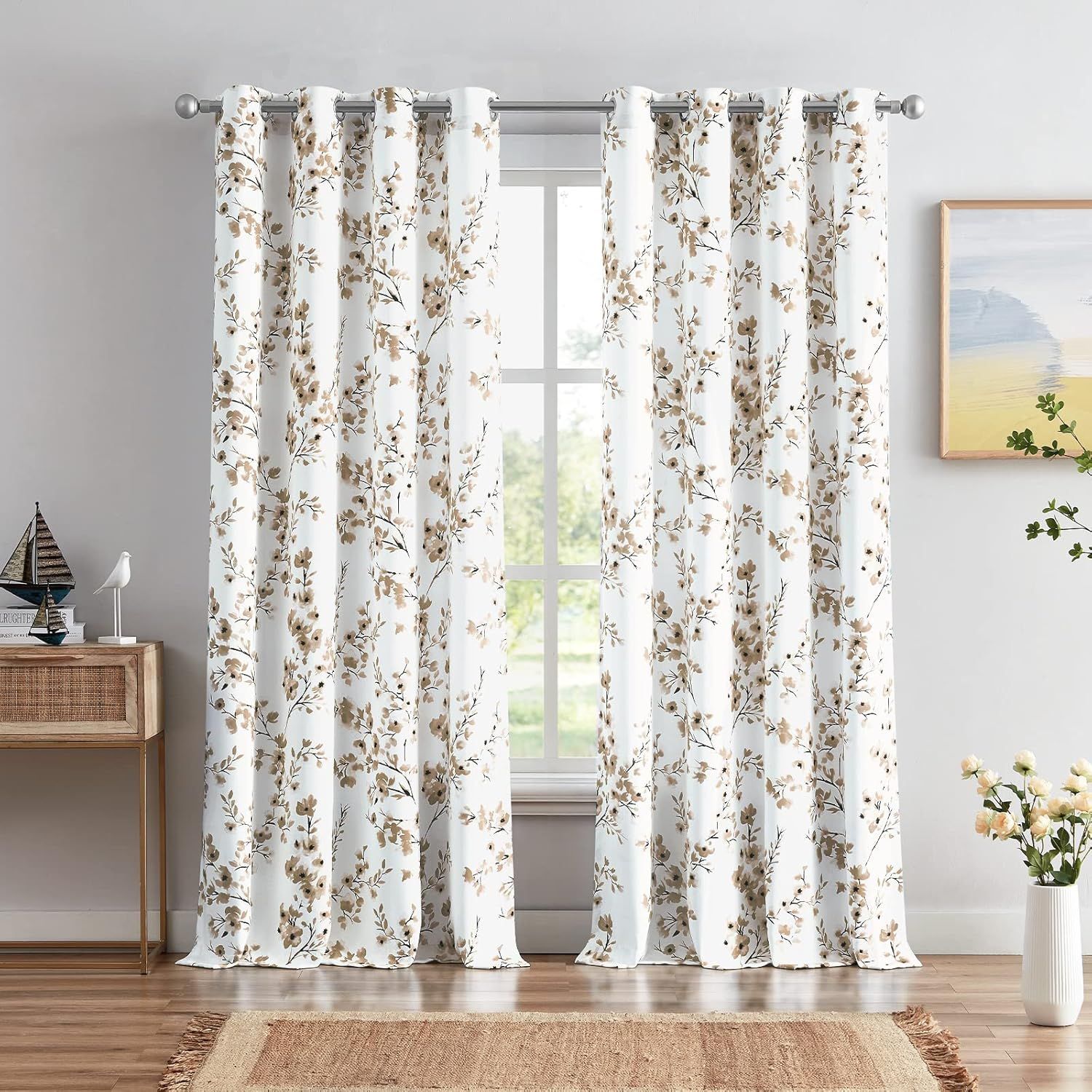 Coffee Apricot Floral Blackout Grommet Curtains 84" x 52"