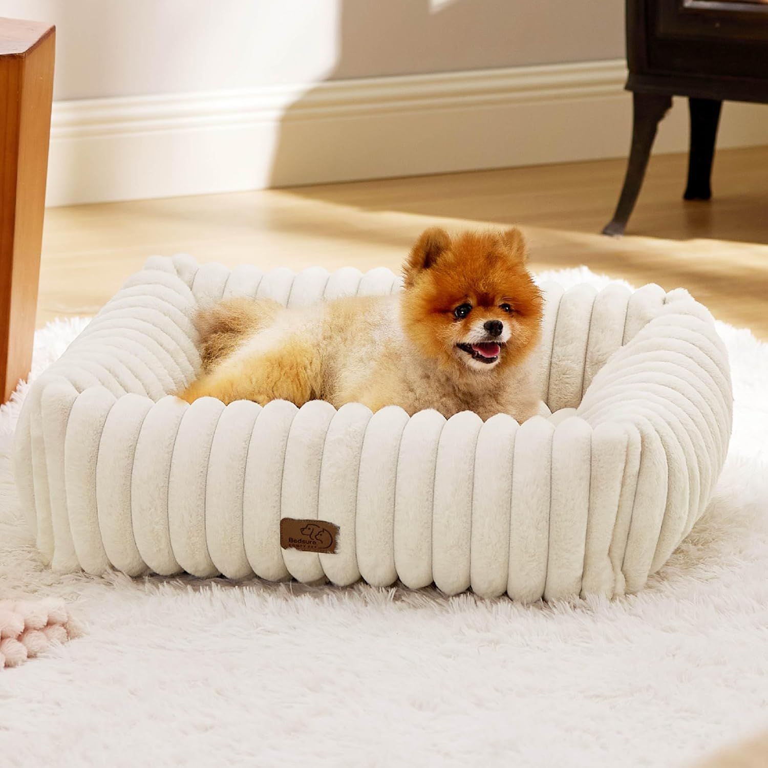 Cream Corduroy Fleece Orthopedic Dog Bed with Raised Sides