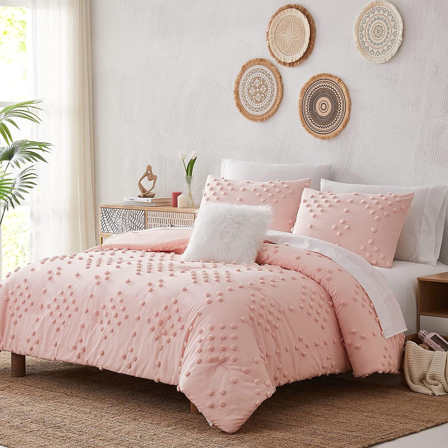 Pink Microfiber Queen Bed in a Bag Set with Pom Pom Tufted Design