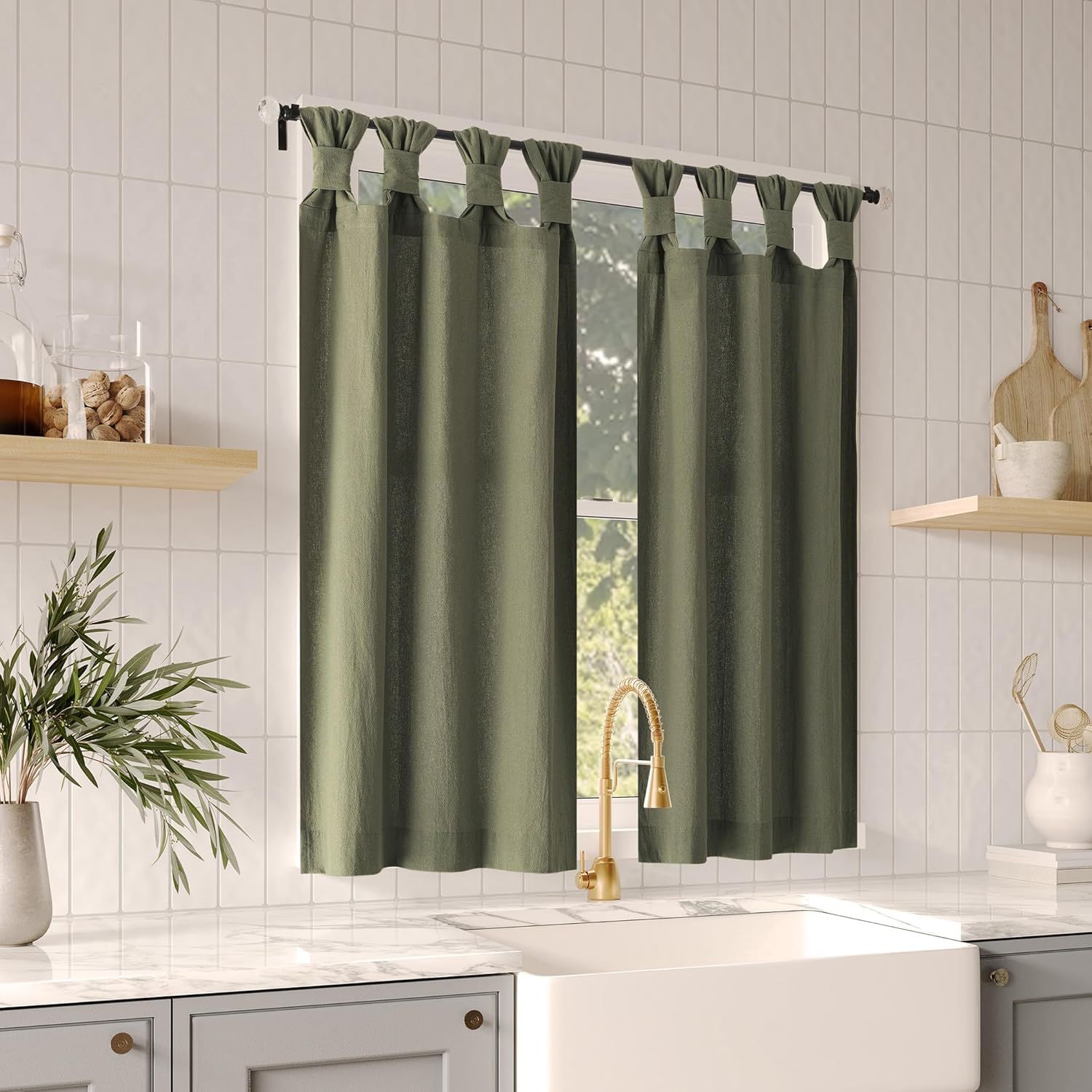Moss Green Cotton Tab Top Sheer Kitchen Window Curtains, 52" x 36"