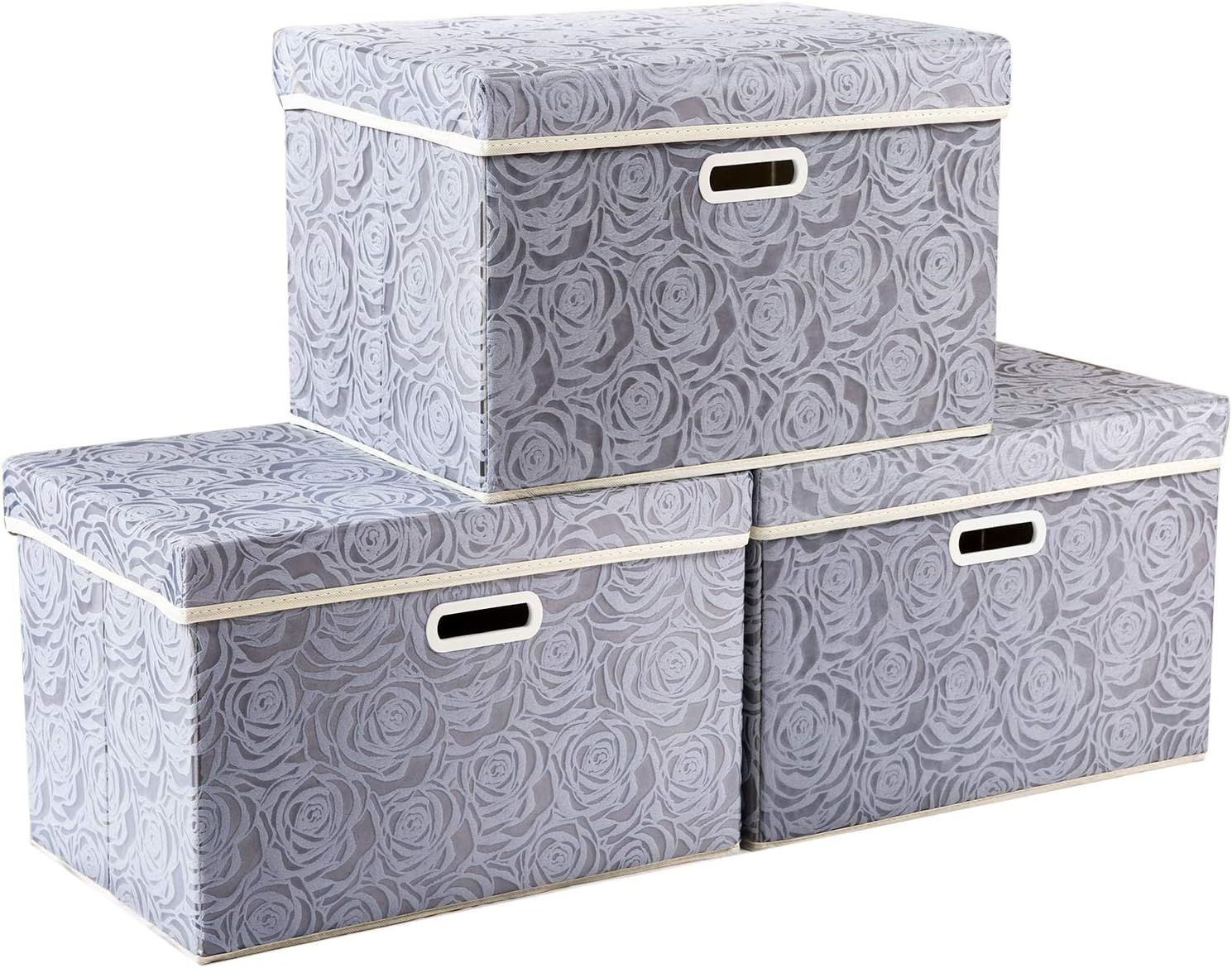 Large Gray Floral Fabric Storage Boxes with Lids, 3-Pack