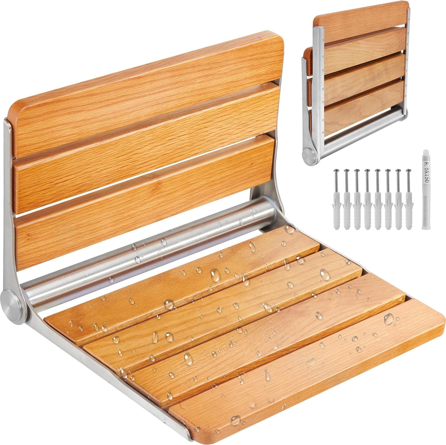 Teak and Stainless Steel Wall-Mounted Folding Shower Seat