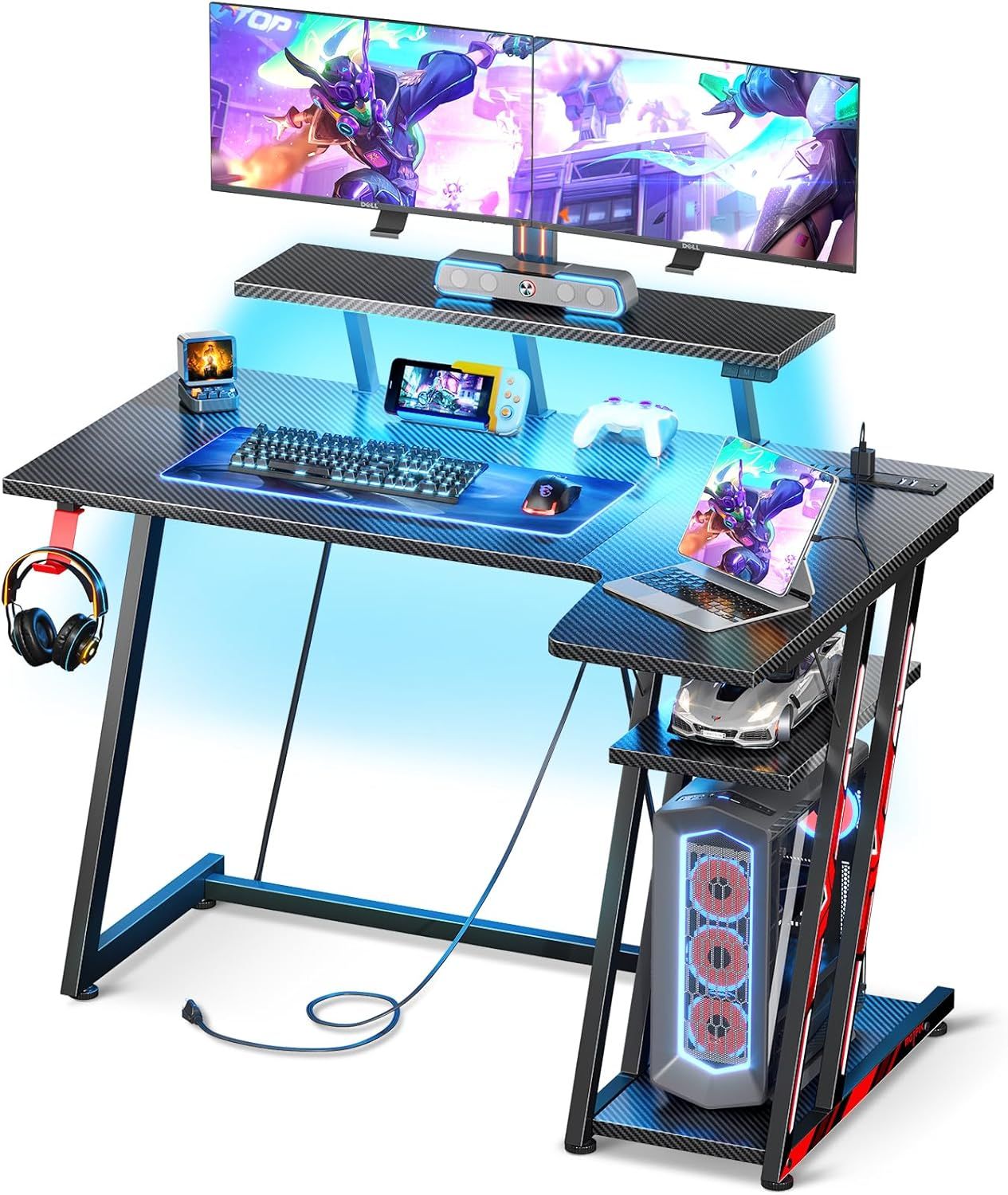 Black Carbon Fiber L-Shaped Gaming Desk with LED Lights and Storage