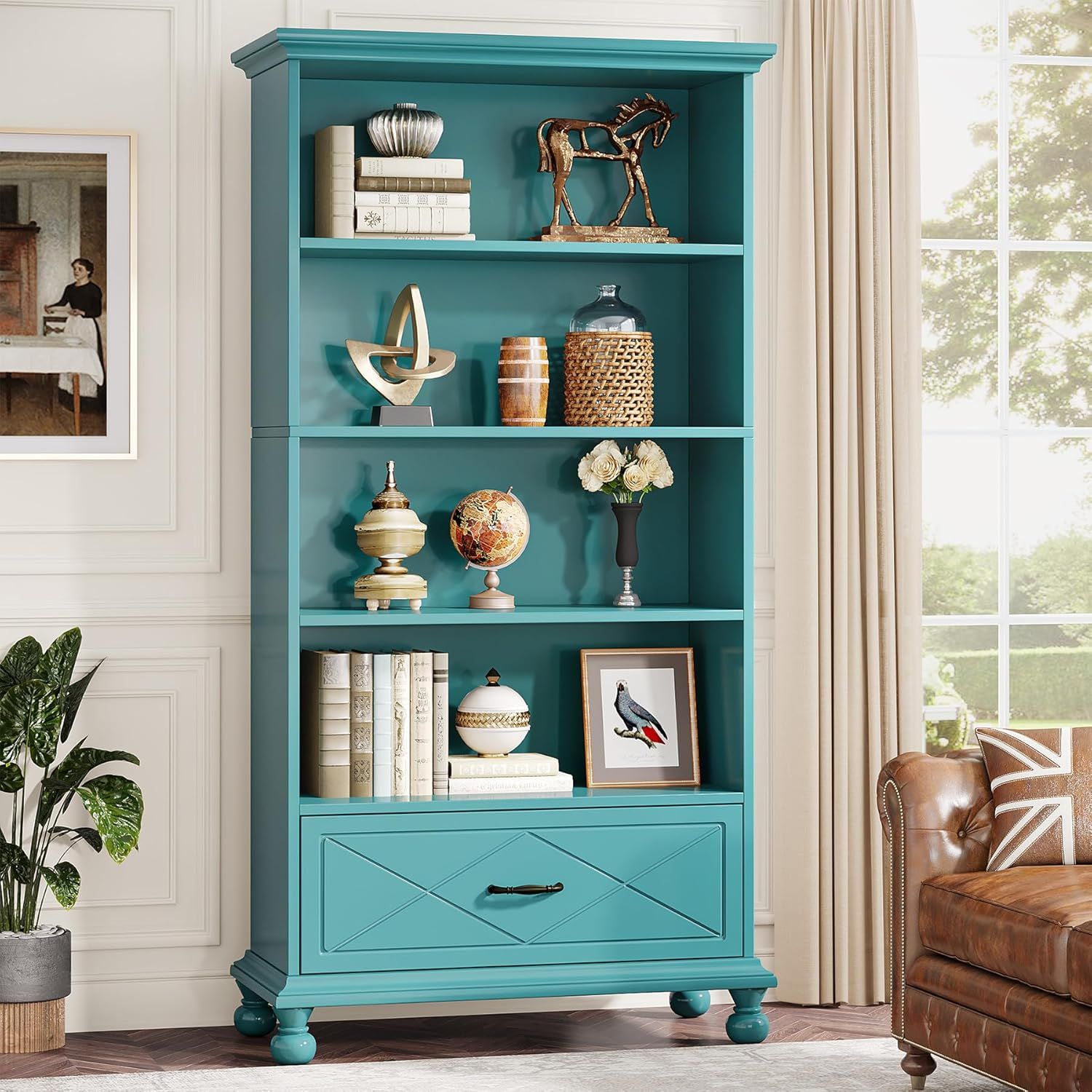 Ocean Blue 71-Inch 6-Shelf Bookcase with Drawer and Solid Wood Legs