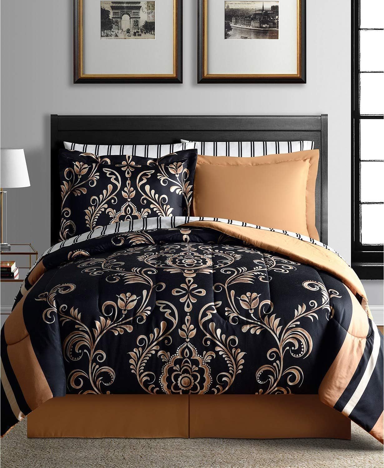 Sabrina Black and Gold Microfiber Queen Bed-in-a-Bag Set