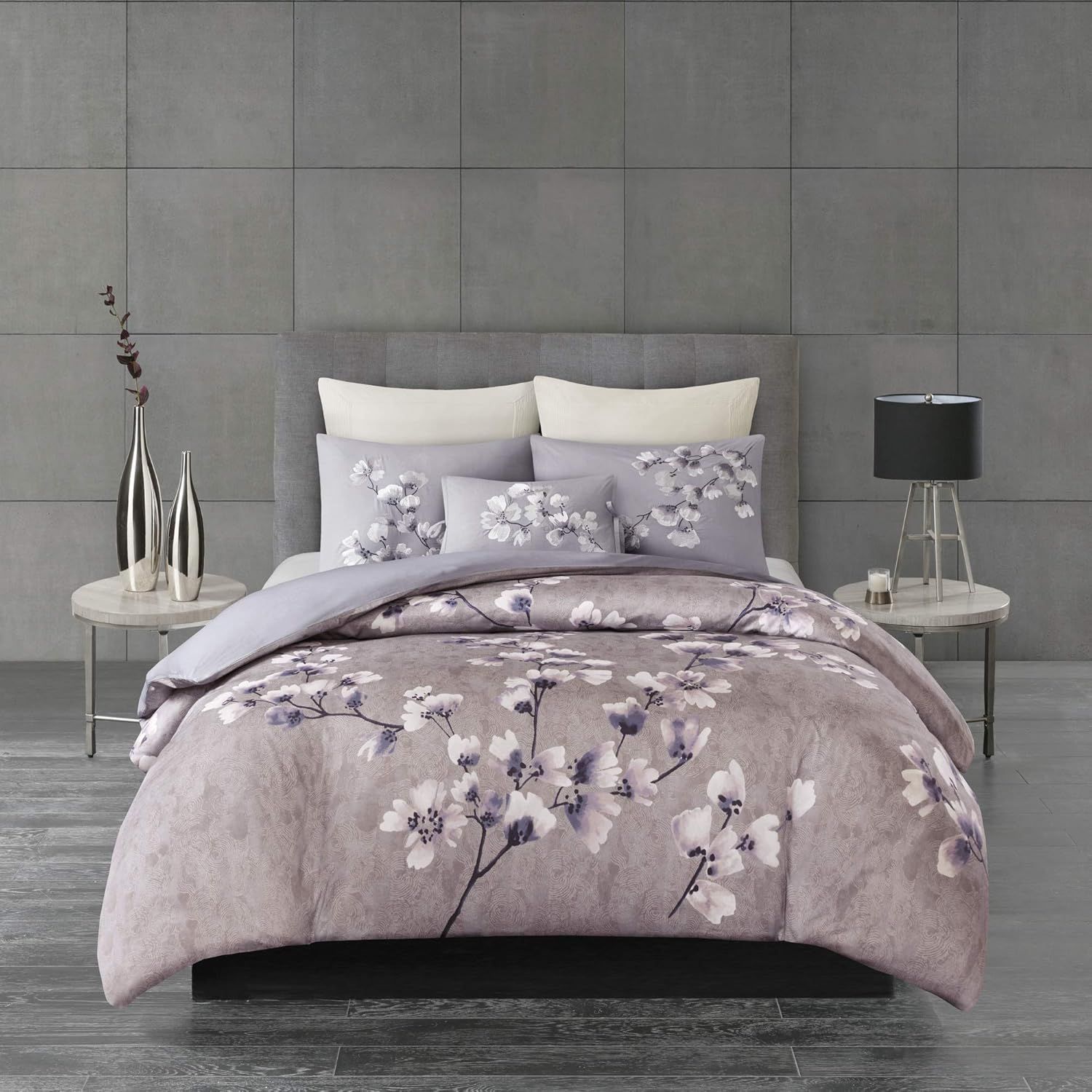 Lilac Cotton King Floral Duvet Cover Set with Embroidered Shams