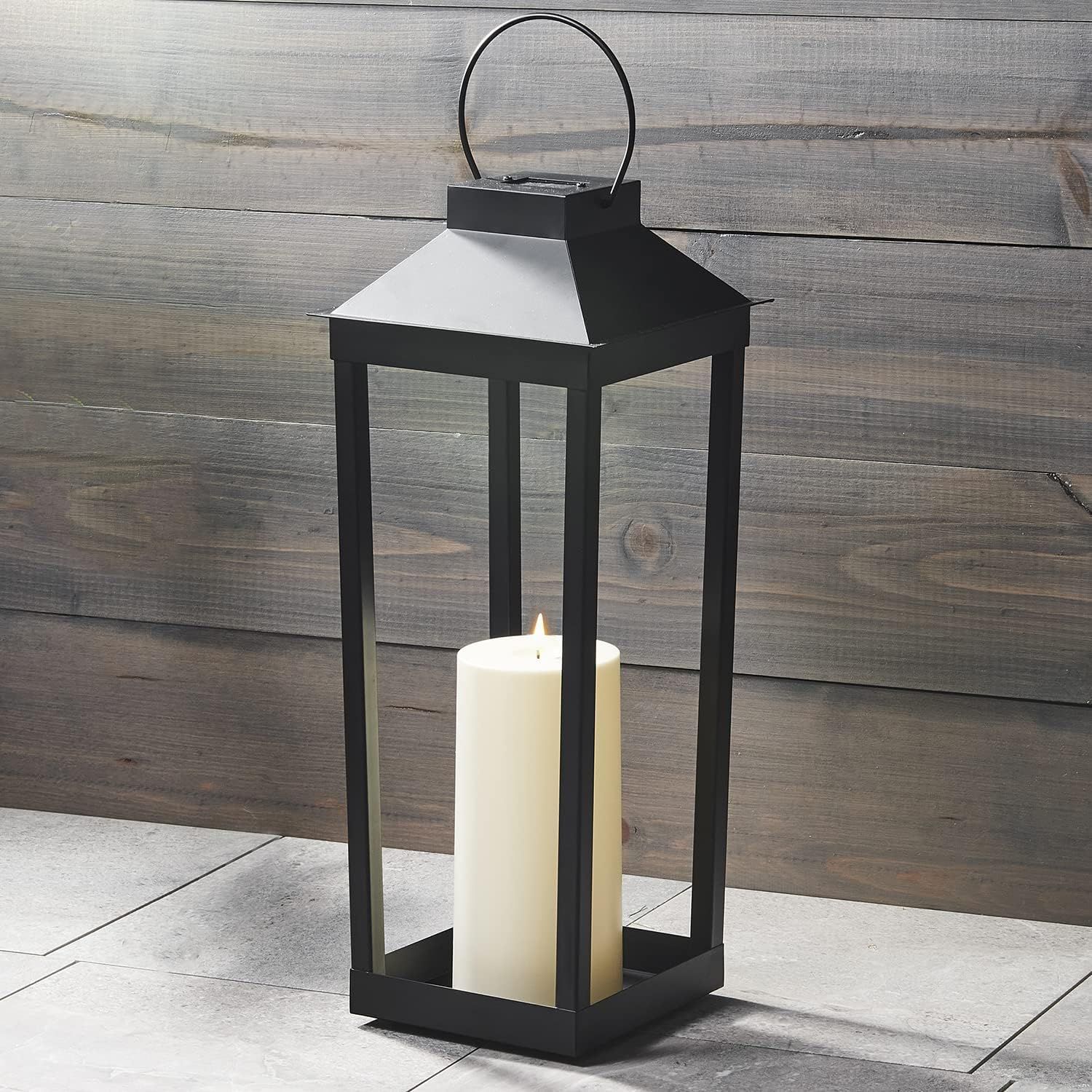 Large Black Metal Solar Powered Outdoor Lantern with LED Candle