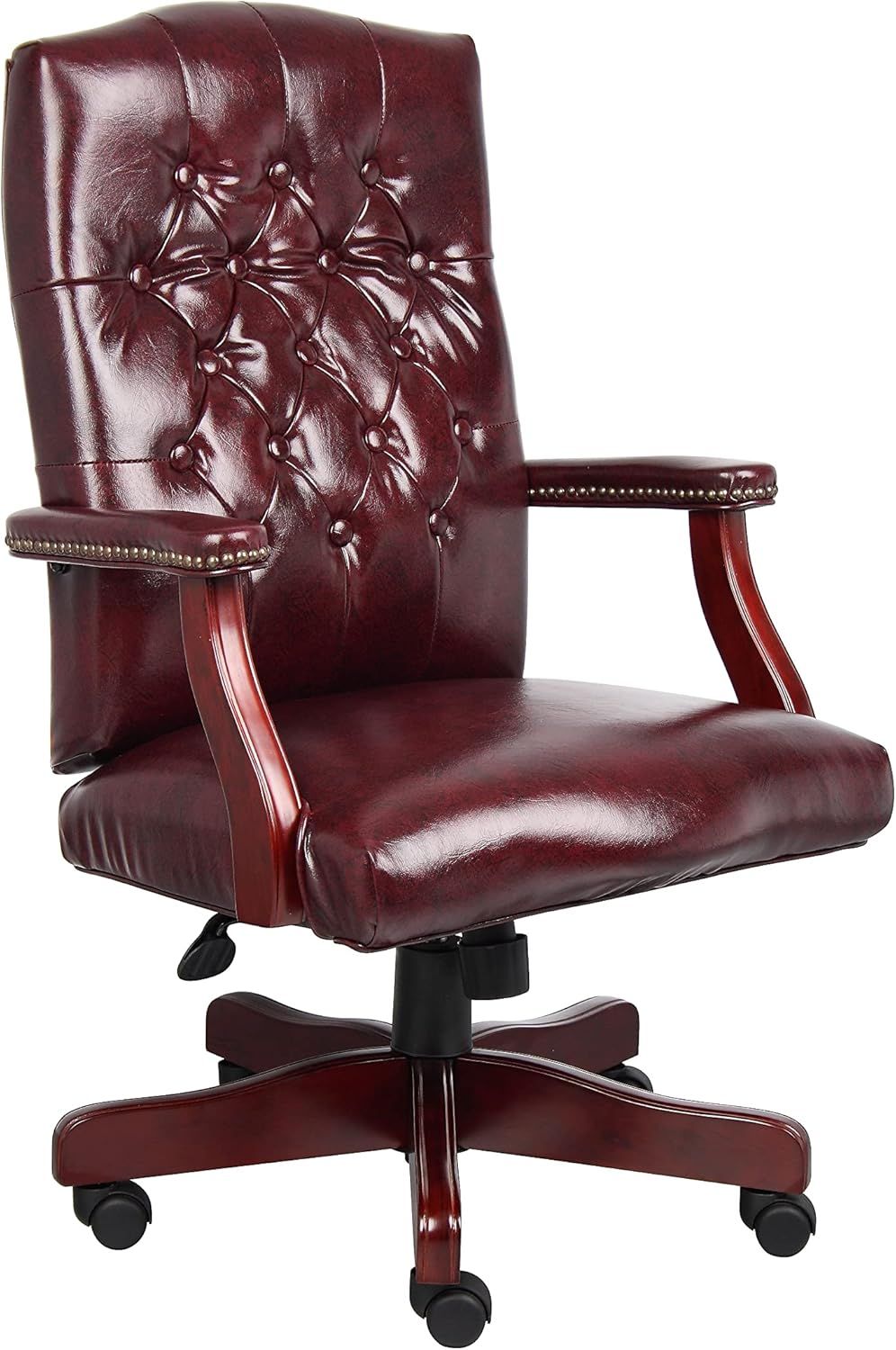 Oxblood Vinyl High Back Executive Swivel Chair with Mahogany Finish