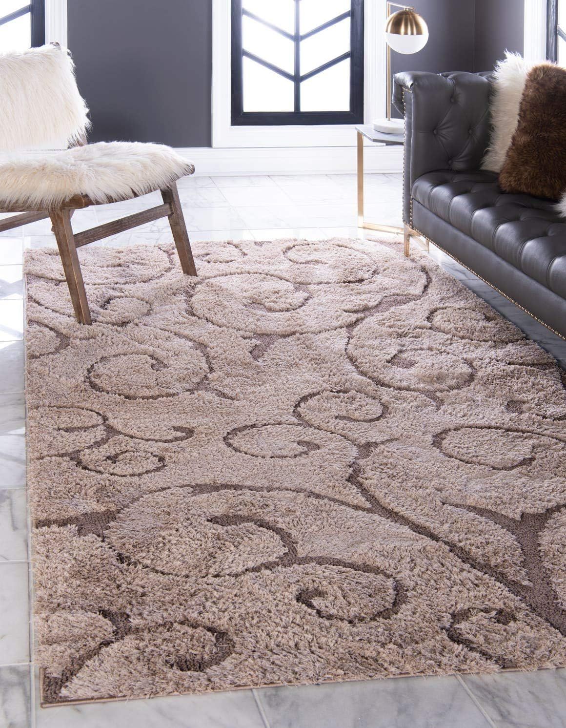 Light Brown Floral Shag Synthetic Area Rug 5' x 8'