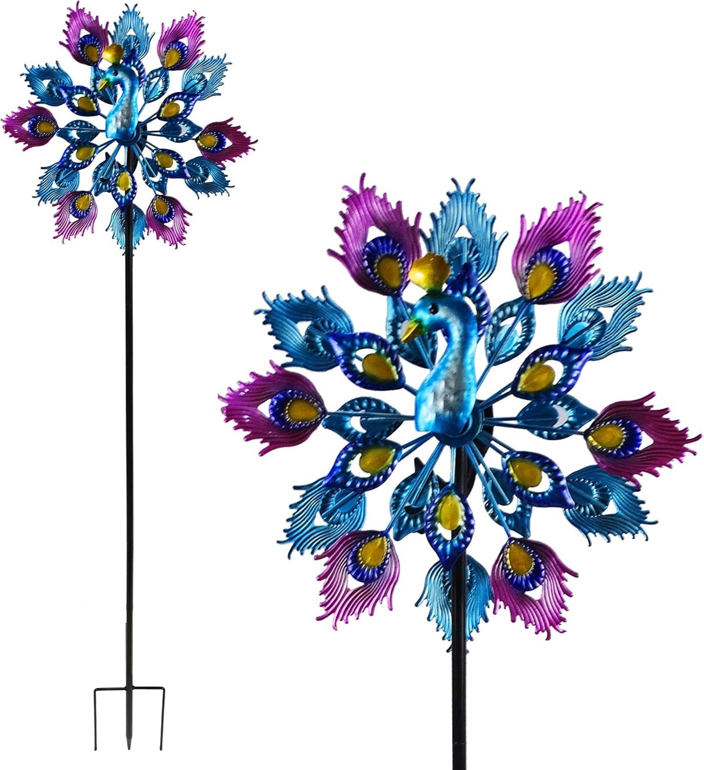 55'' Multicolor Iron Double Layer Peacock Wind Spinner Garden Stake