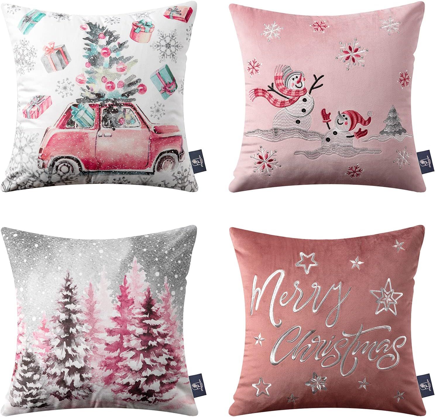 Pink Embroidered Velvet Christmas Throw Pillow Covers, Set of 4