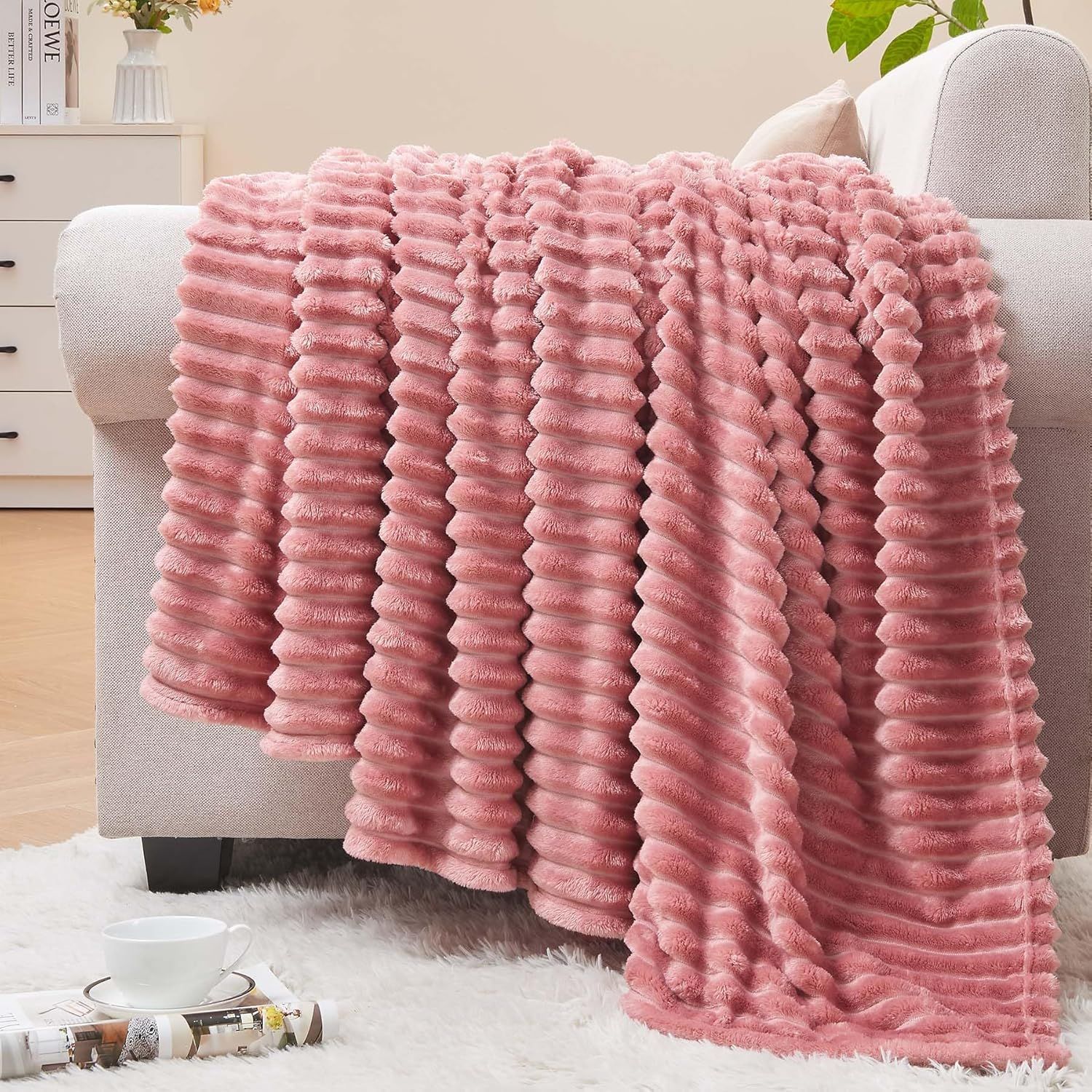 Pink Ribbed Fleece Reversible Throw Blanket 60x50 Inches