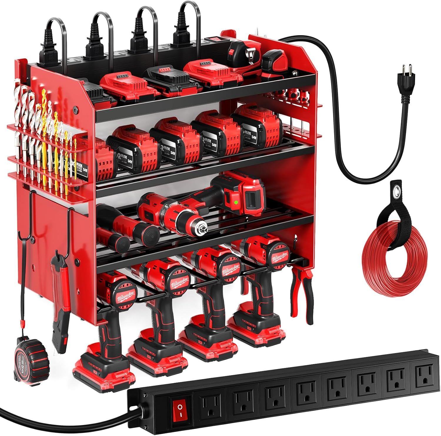 Heavy-Duty Red Metal Power Tool Organizer with Charging Station