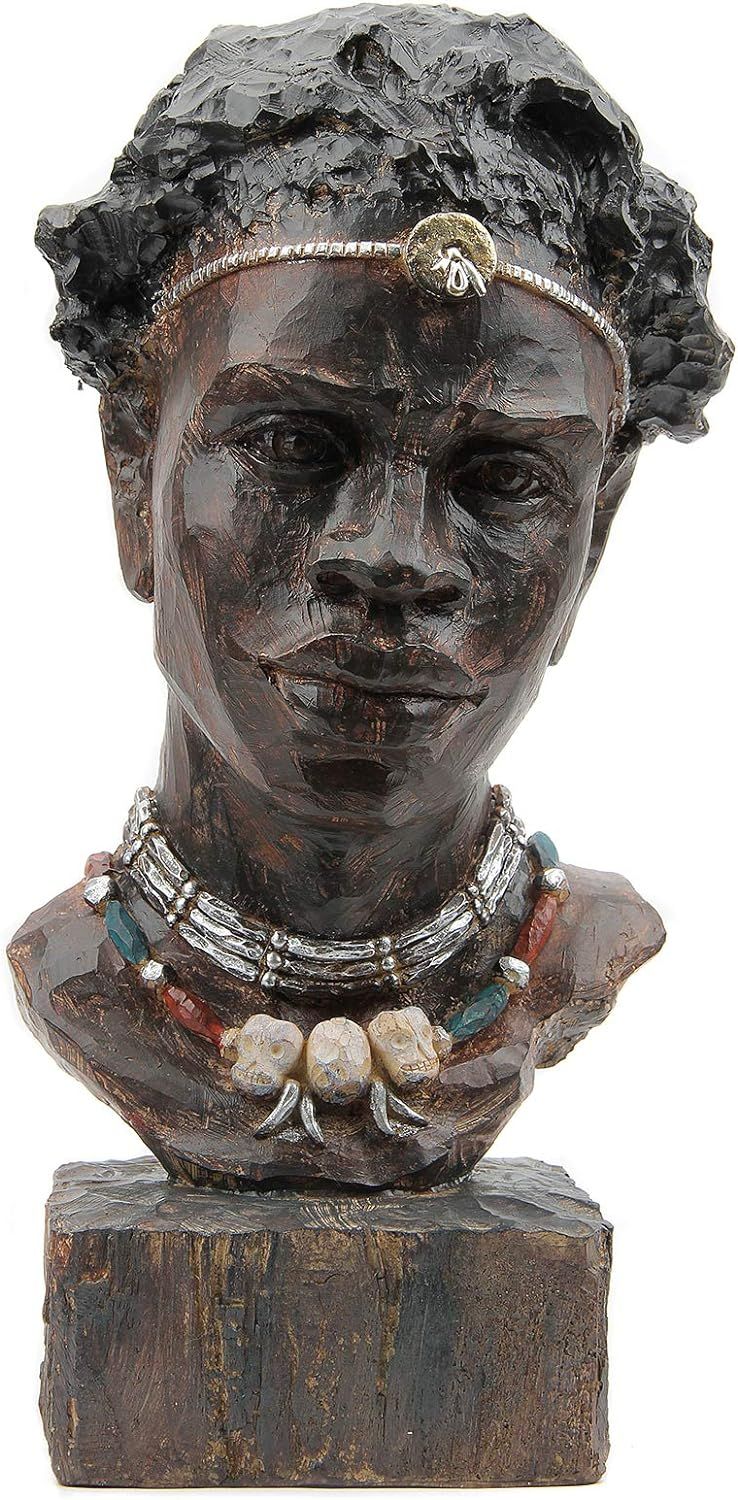 Black Resin African Head Sculpture with Tribal Necklace