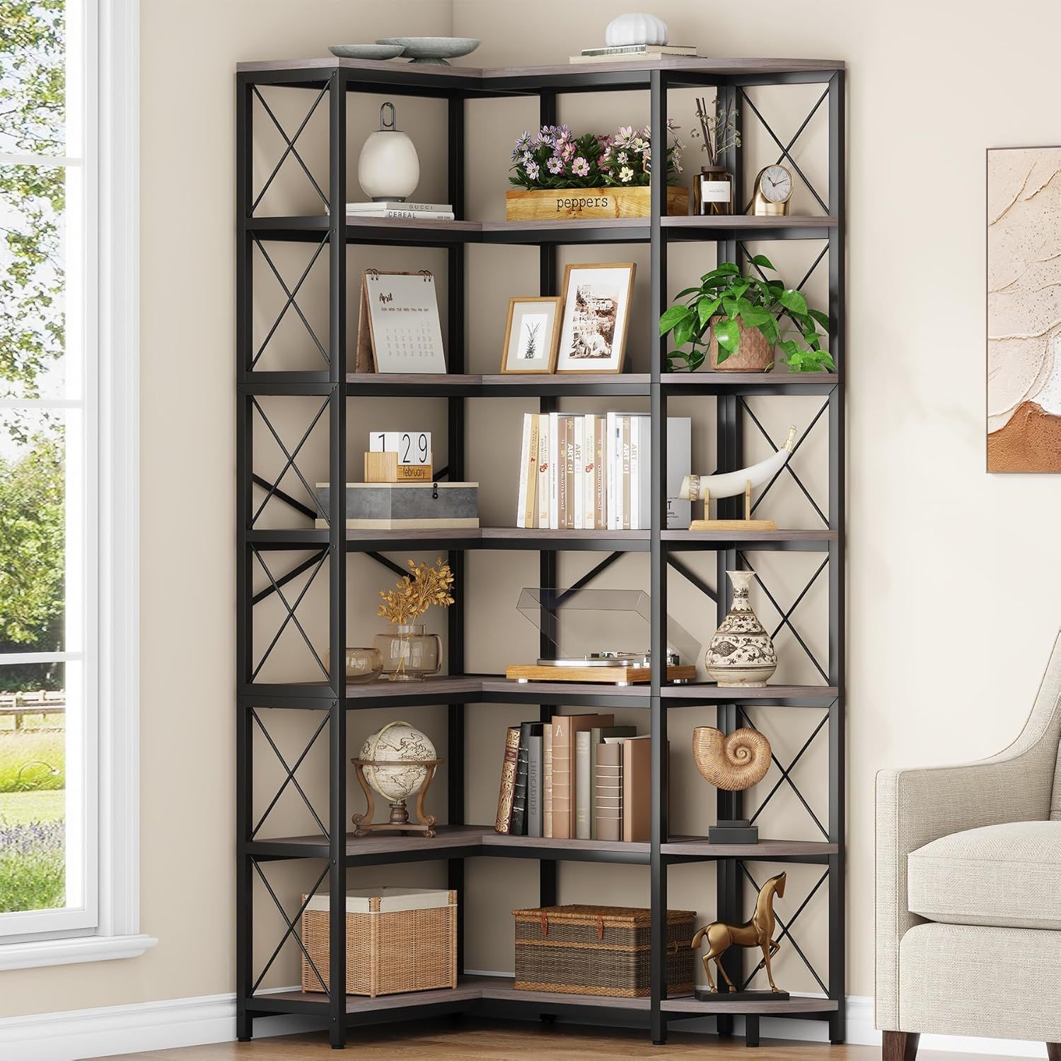 Gray Brown 7-Tier Industrial Corner Bookshelf with Metal Frame