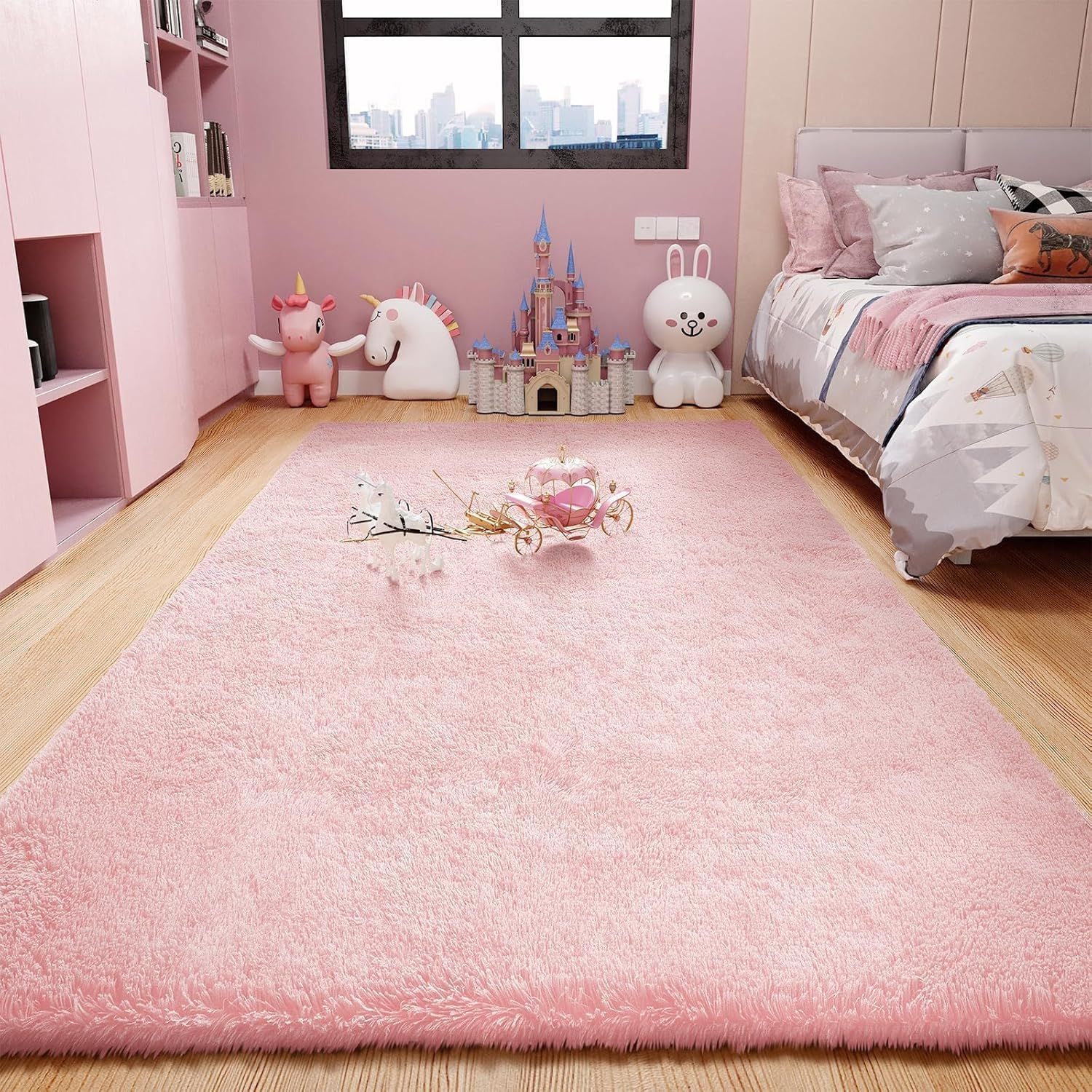 Pink Synthetic Shag Fur Washable Kids Area Rug 4' x 6'