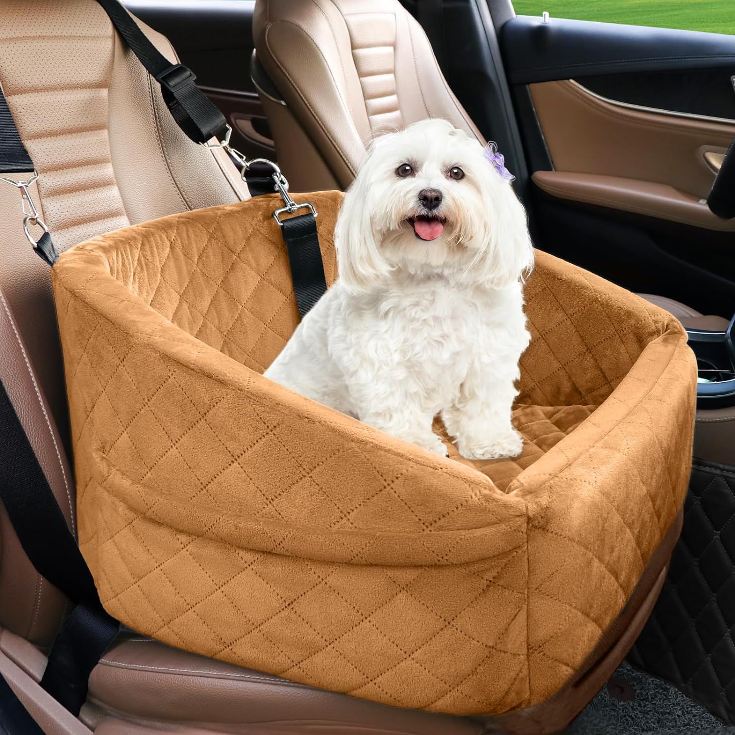 Brown Plush Dog Car Seat with Safety Belt and Storage Pockets