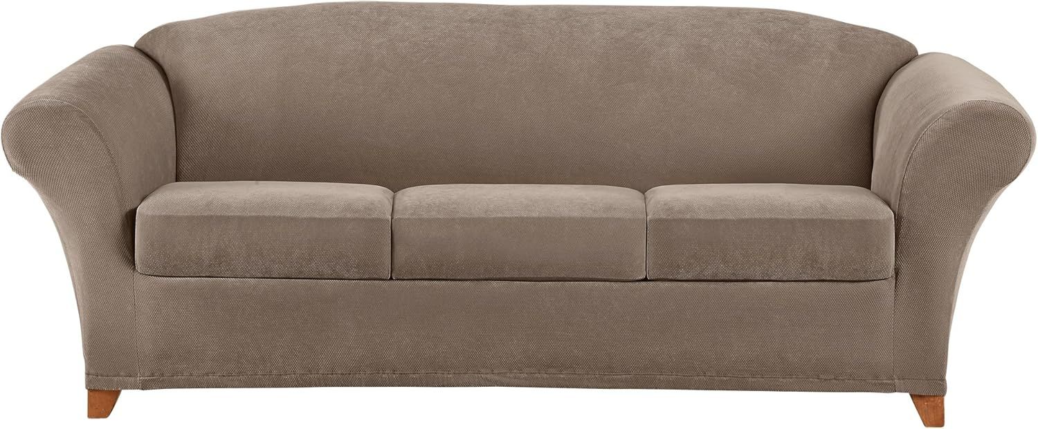 Taupe Stretch Pique Sofa Cover with Cushion Covers