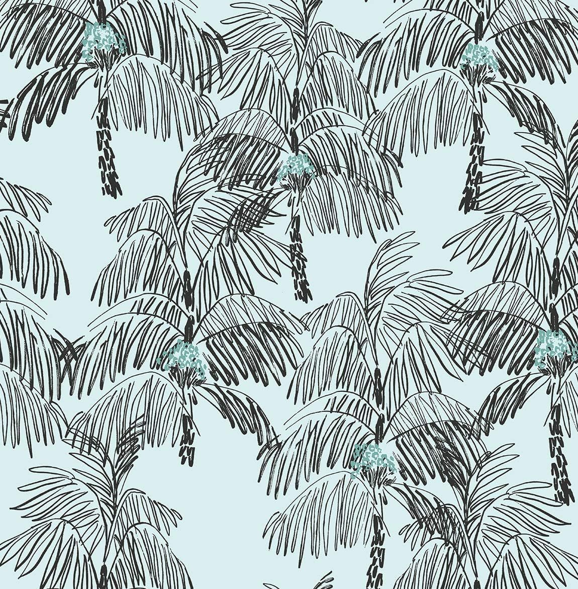 Sky Blue and Black Tropical Palm Peel and Stick Wallpaper