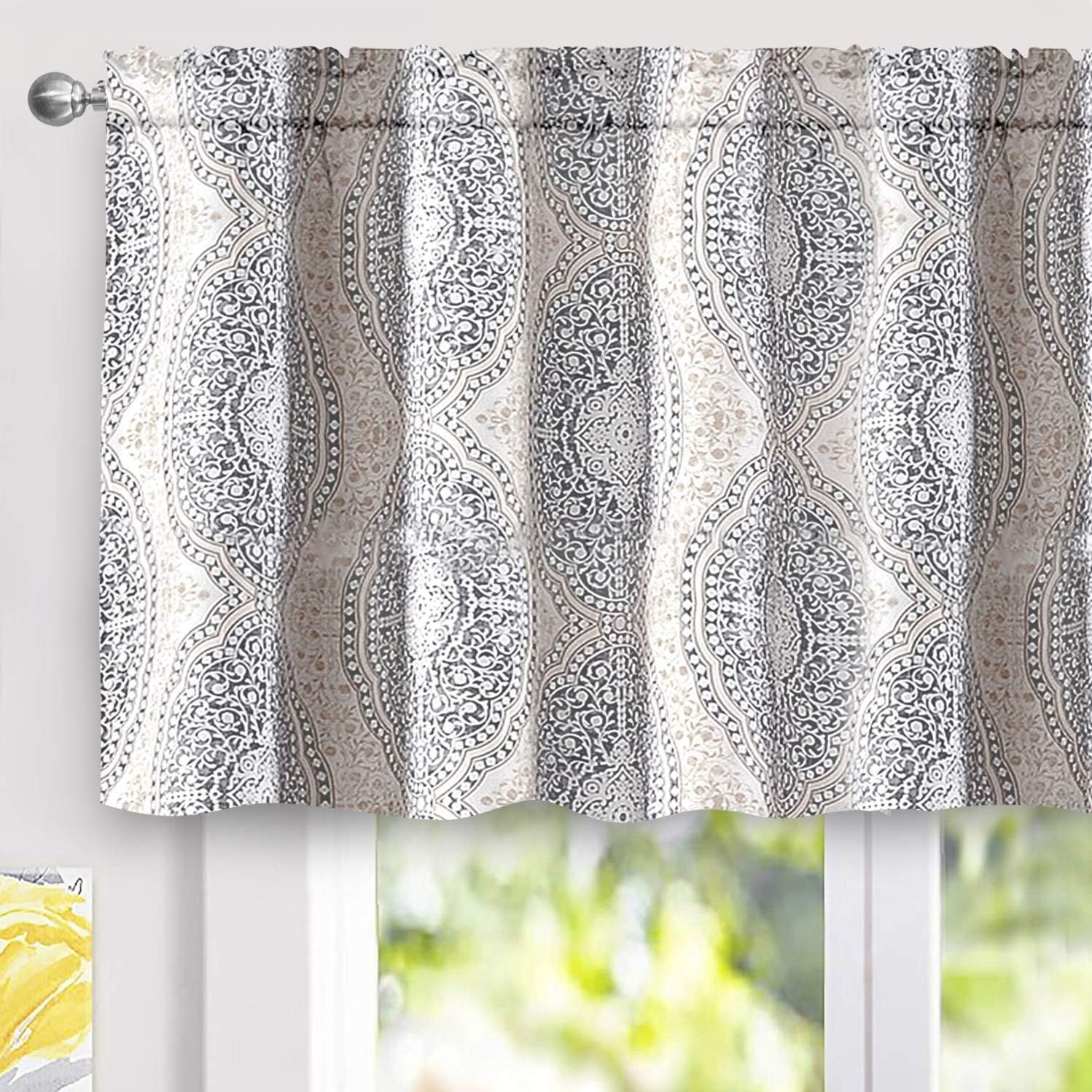 Adrianne Beige and Gray Damask Floral Window Valance 52" x 24"